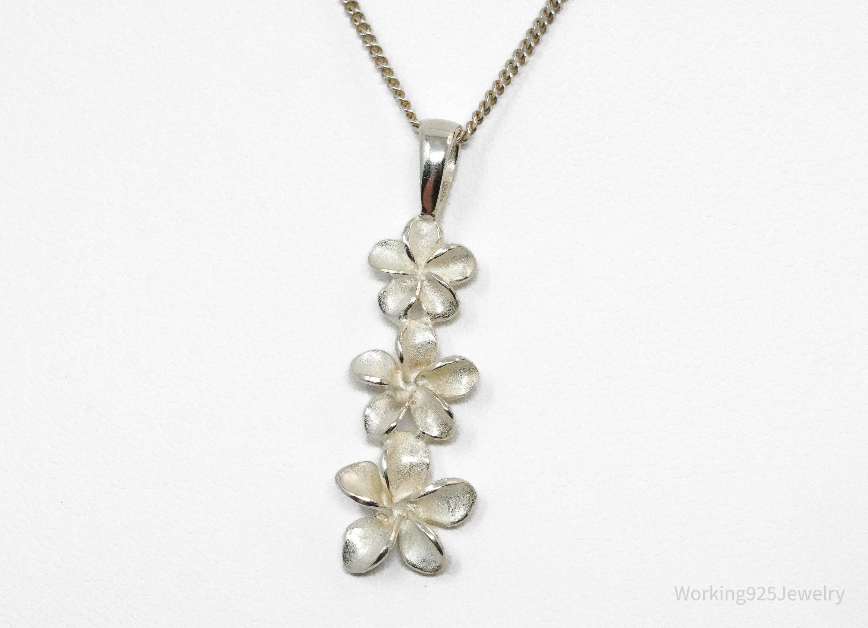 Vintage Sterling Silver Stacked Flowers Necklace 16"