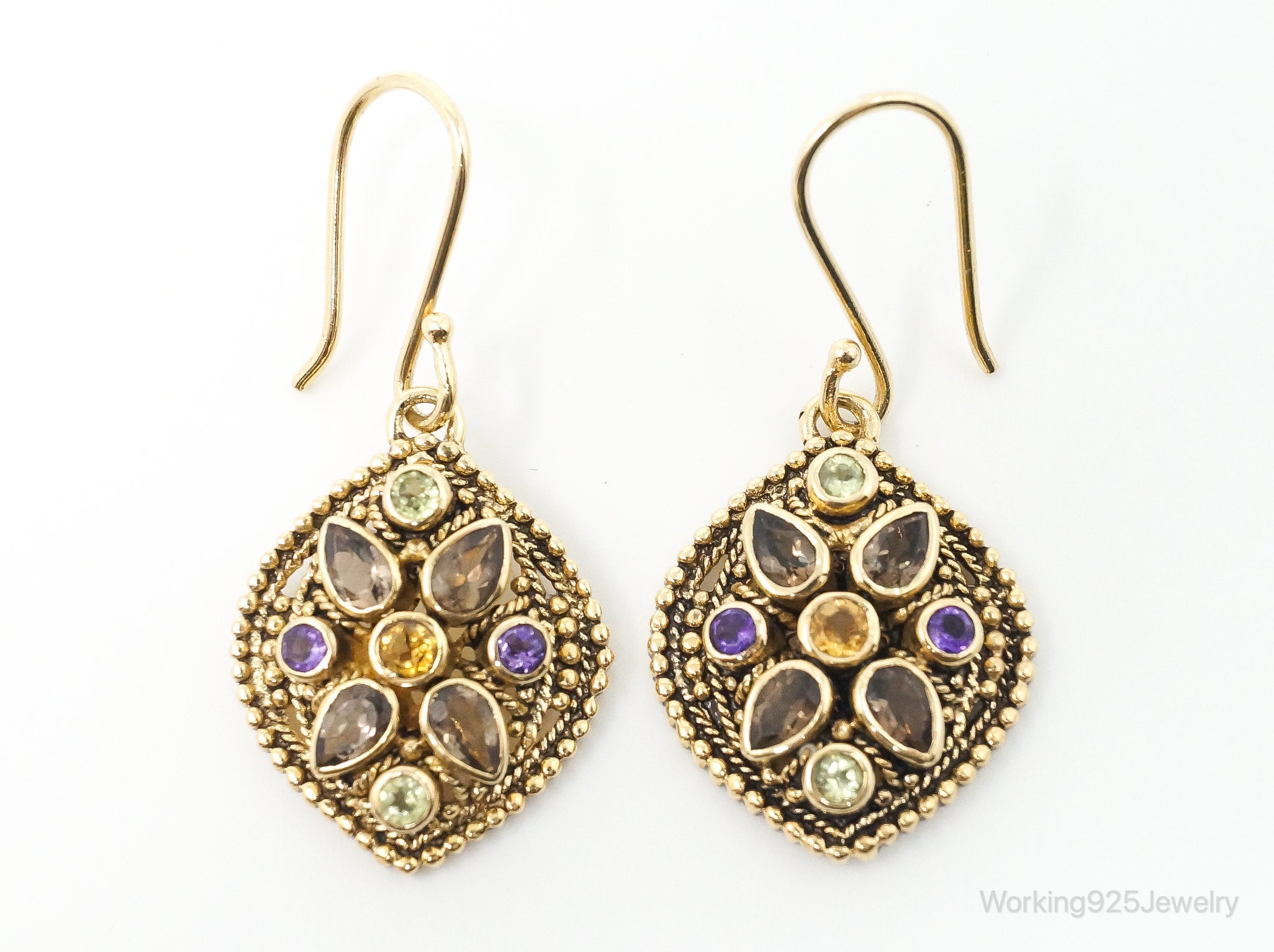 Vintage Multi Gem Gold Vermeil Sterling Silver Dangle Earrings