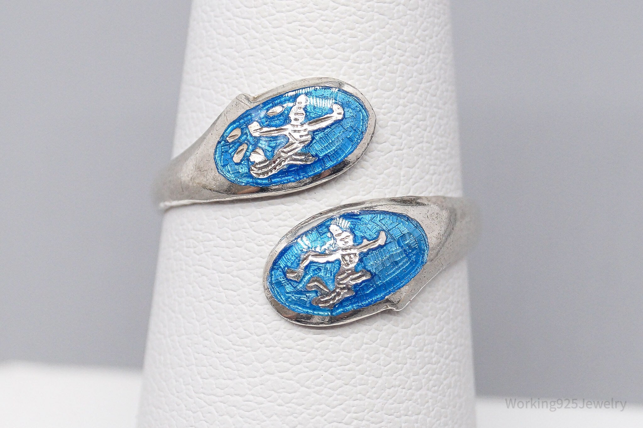 Vintage Blue Enamel Dancers Sterling Silver Wrap Ring - Size 7.25 Adjustable
