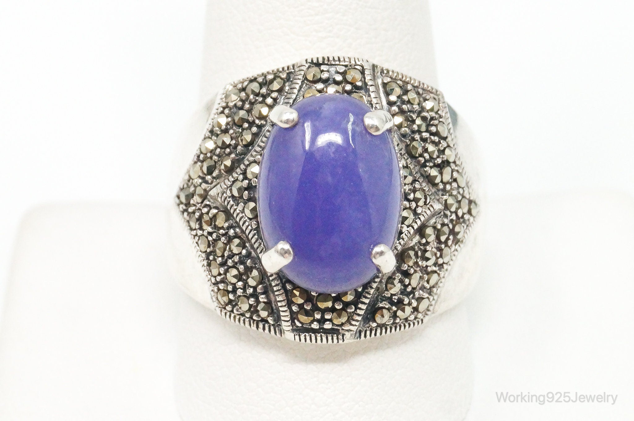 Vintage Purple Jade Marcasite Sterling Silver Ring Size 11