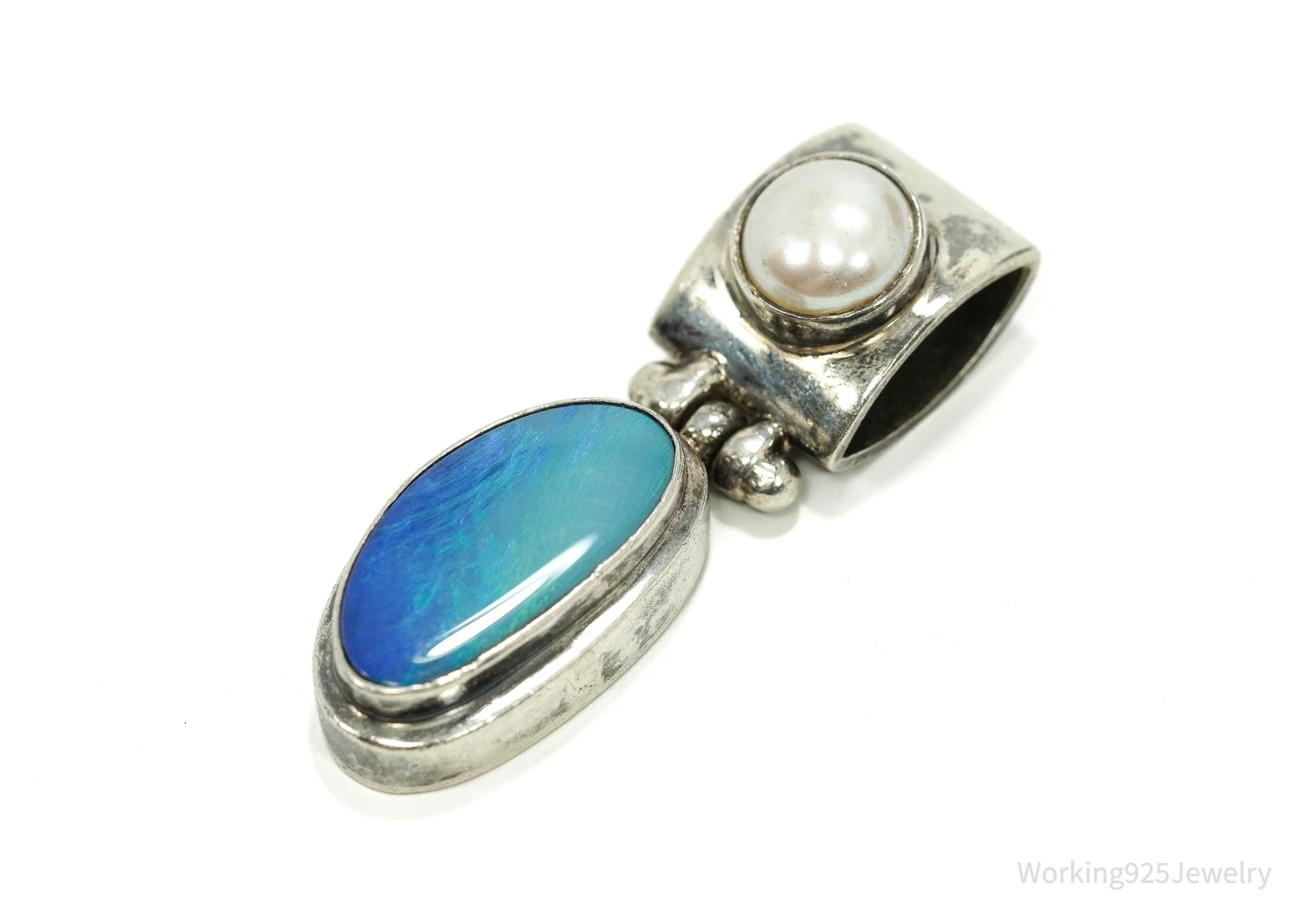 Large Vintage Blue Opal & Pearl Sterling Silver Pendant