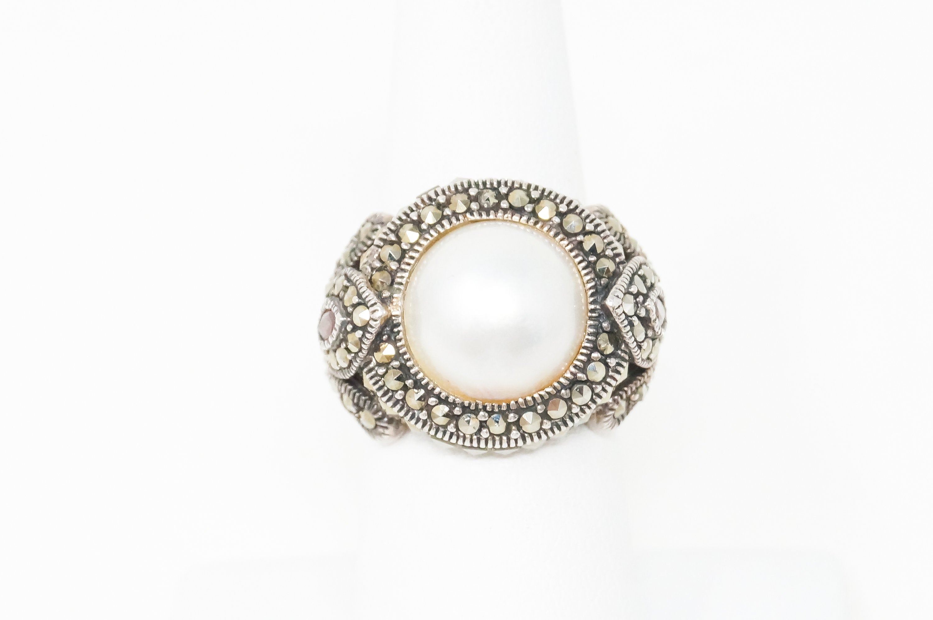 Vintage Pearl Marcasite Art Deco Style Ring Sterling Silver Sz 6.75