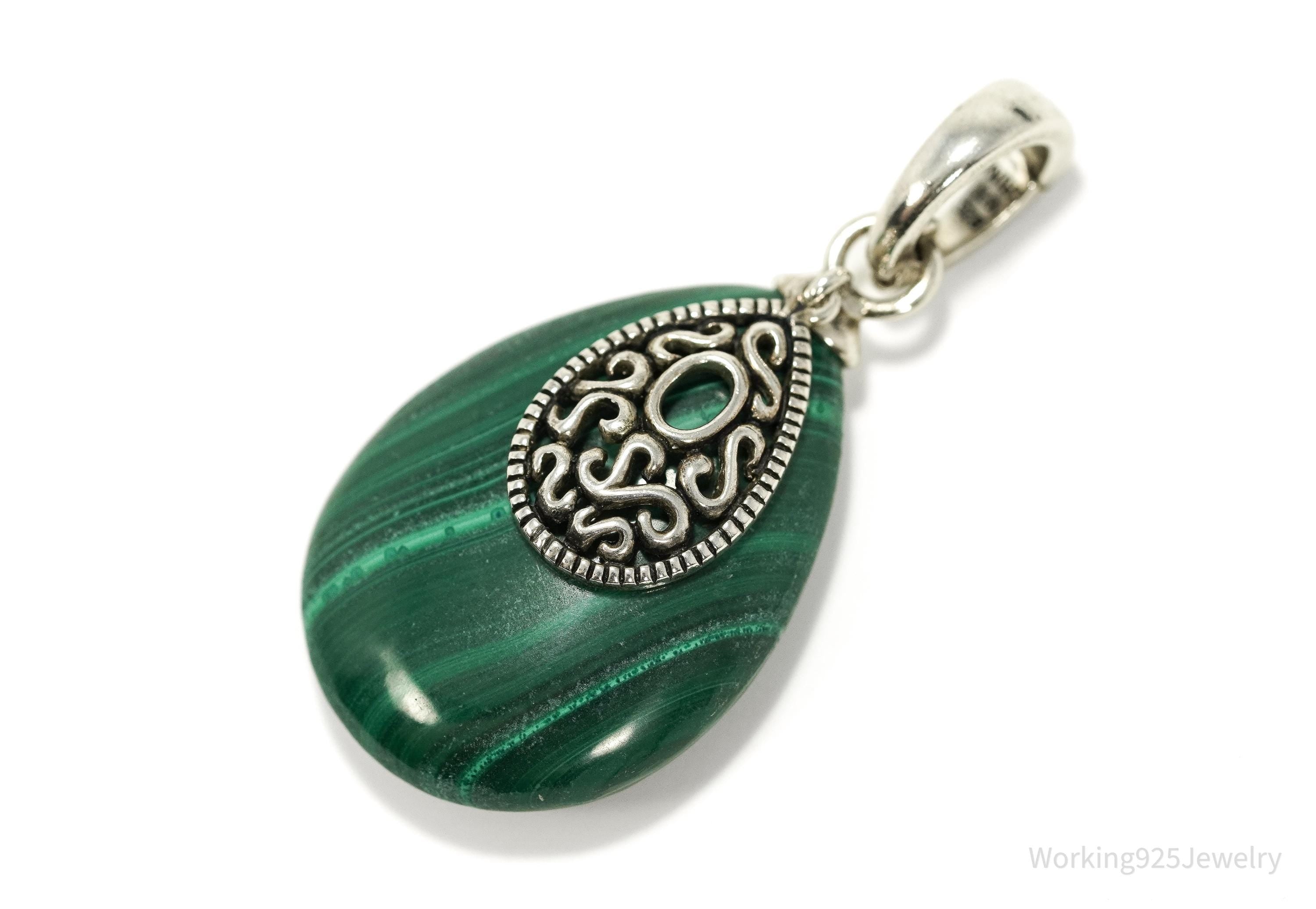 Large Whitney Kelly Teardrop Malachite Pendant • Vintage Sterling Silver Jewelry
