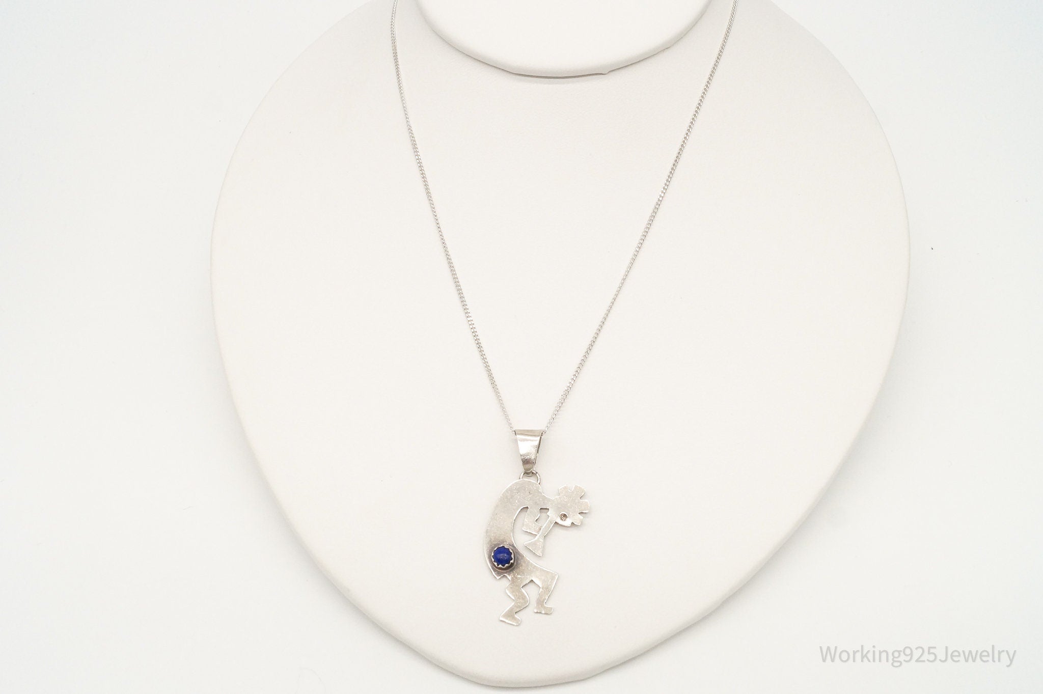 Vintage Native America Lapis Lazuli Dancing Kokopelli Sterling Silver Necklace