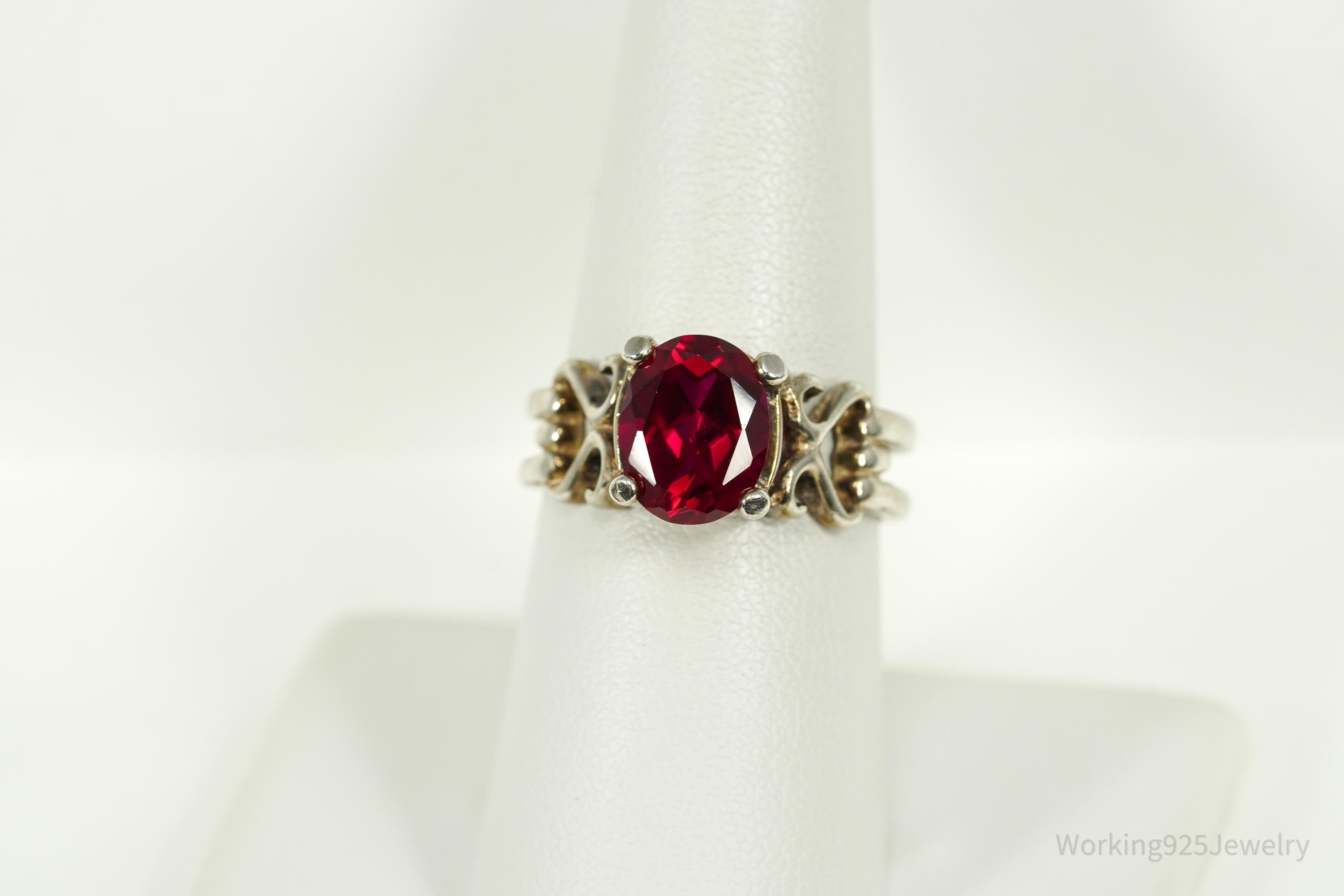 Vintage Lab Ruby Sterling Silver Ring - Size 8.25