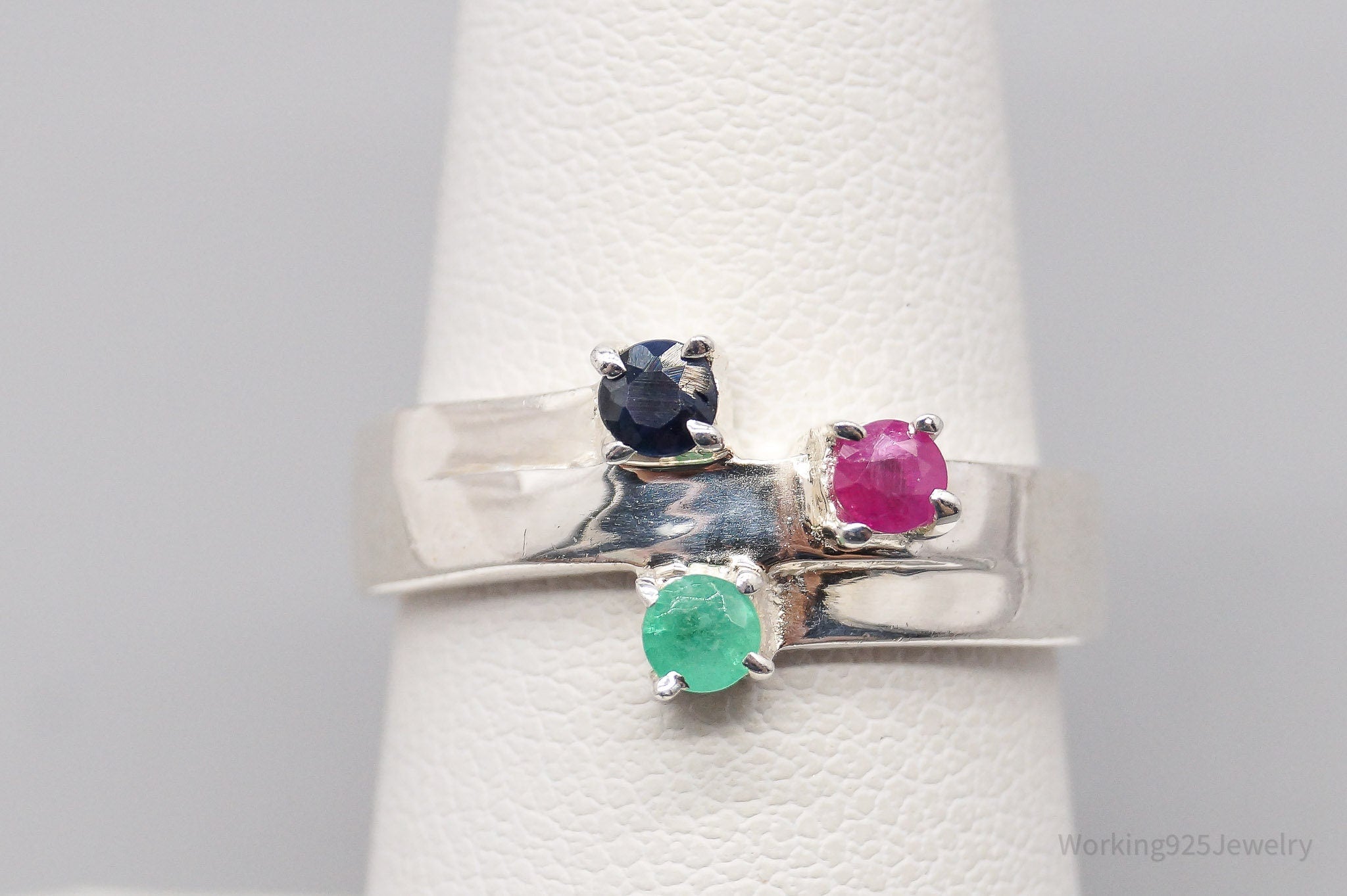 Vintage Ruby Emerald Sapphire Sterling Silver Ring - Size 7