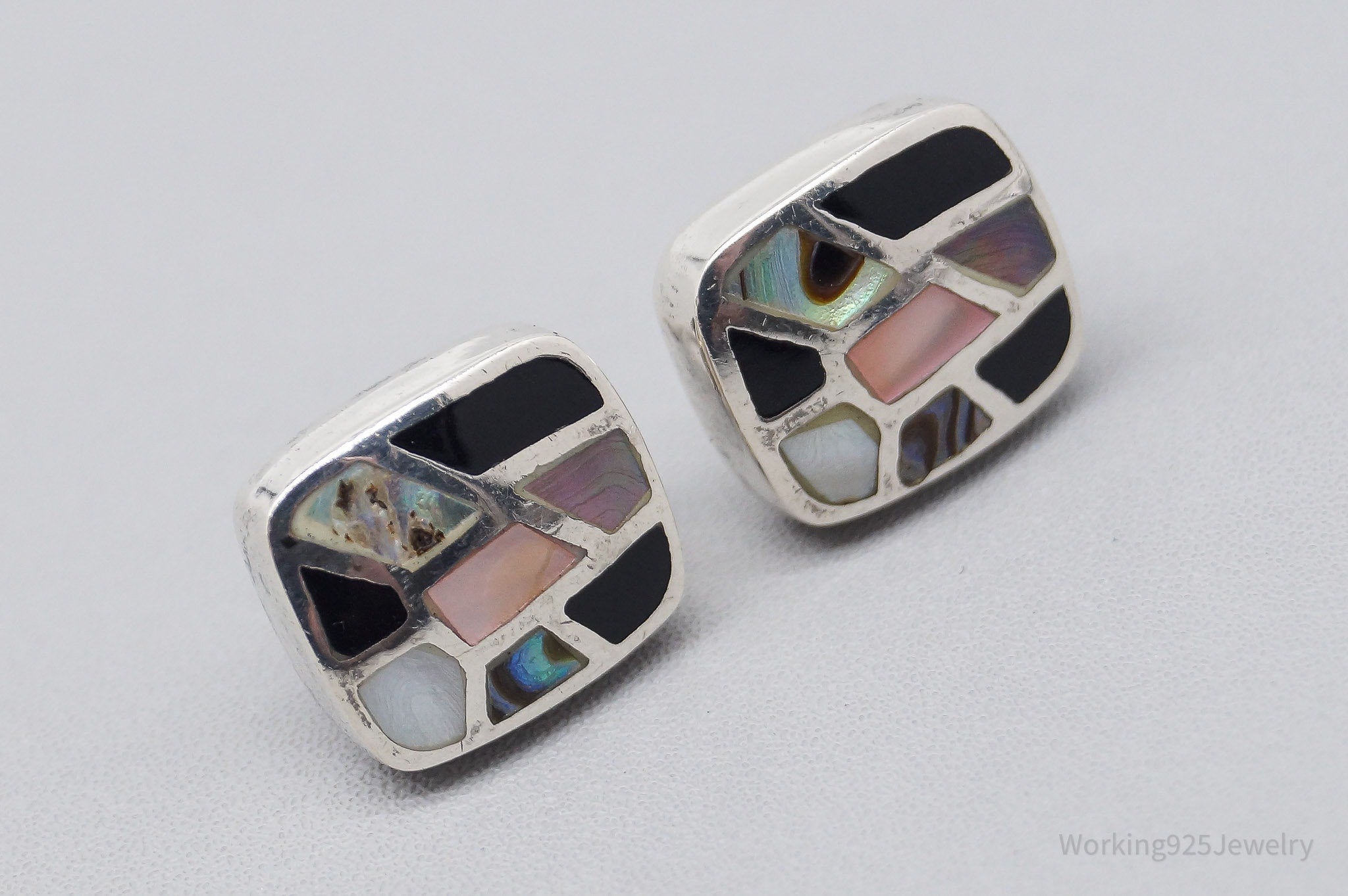 VTG Mother Of Pearl Black Onyx Paua Abalone Shell Inlay Sterling Silver Earrings