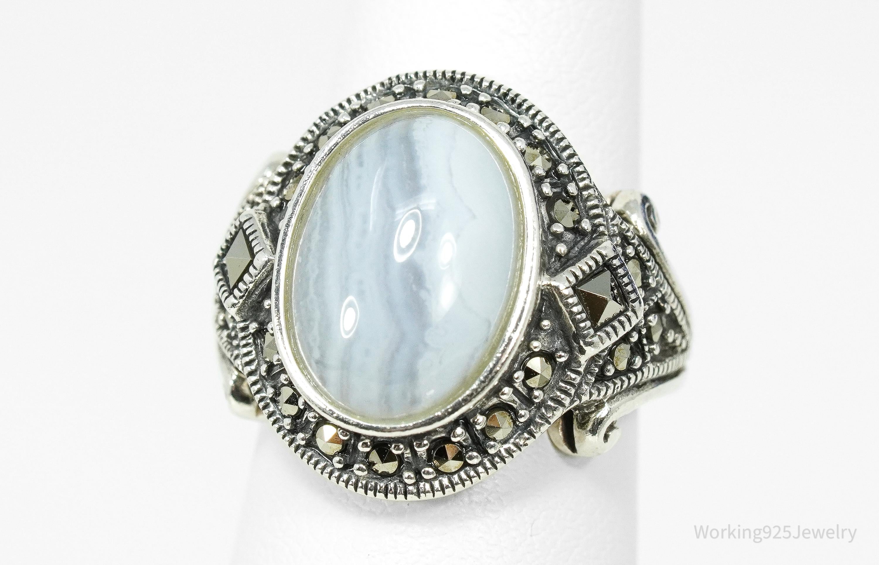 Vintage Blue Lace Agate & Marcasite Sterling Silver Ring - Size 6