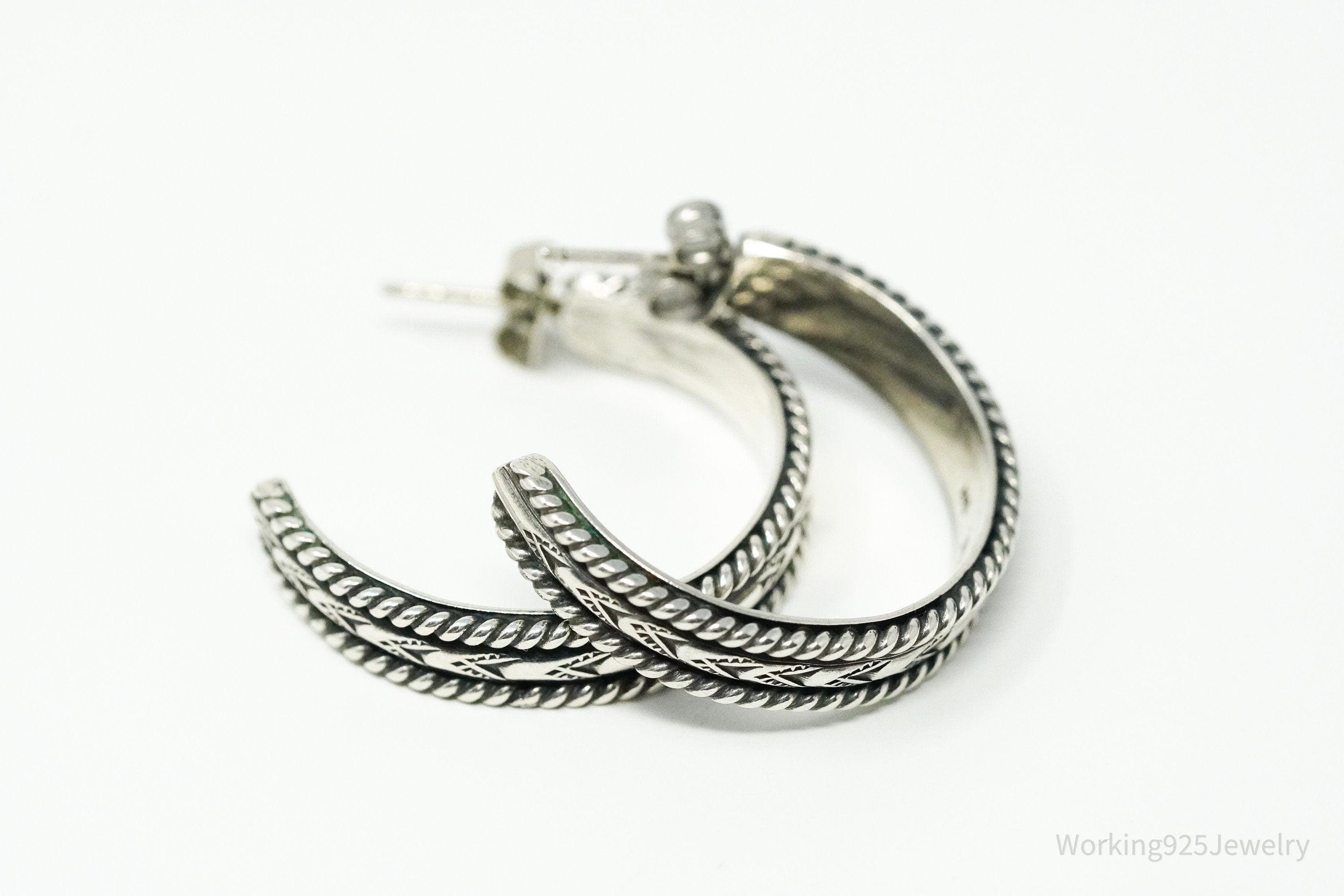 Vintage Native American Sterling Silver Half Hoop Earrings