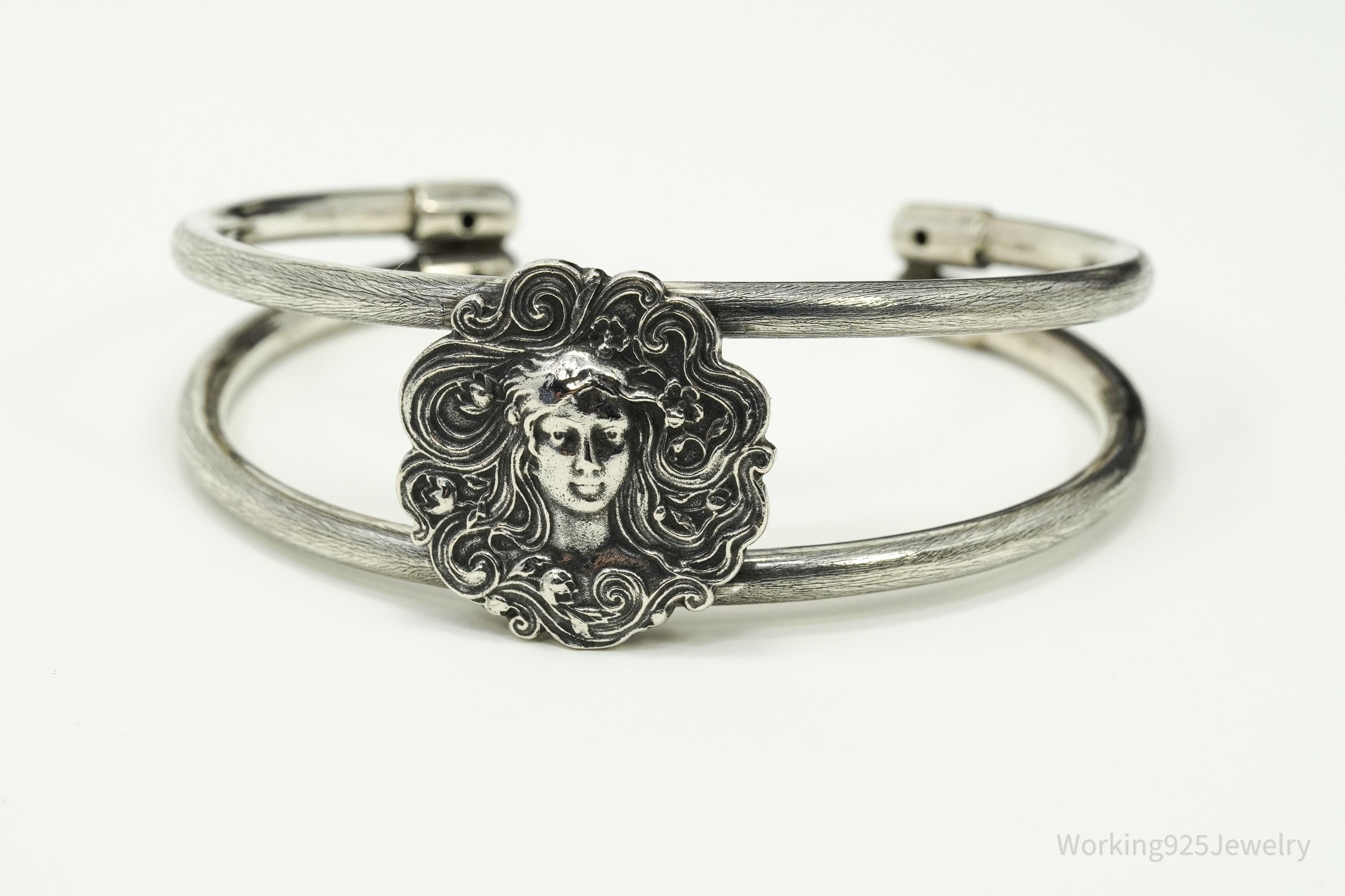 Vintage Art Nouveau Style Sterling Silver Cuff Bracelet 7.5"