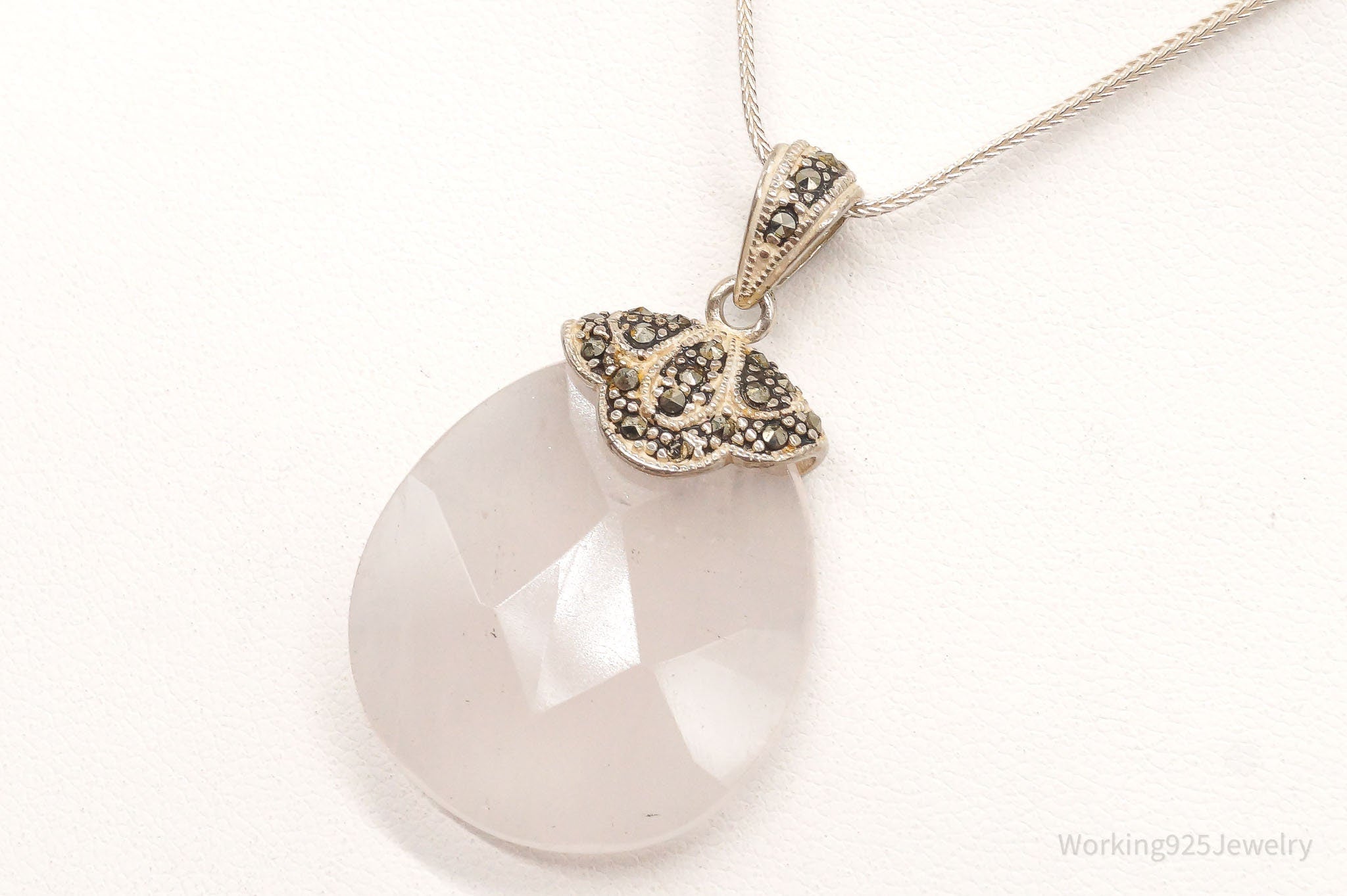 Vintage Large Rose Quartz Marcasite Sterling Silver Necklace