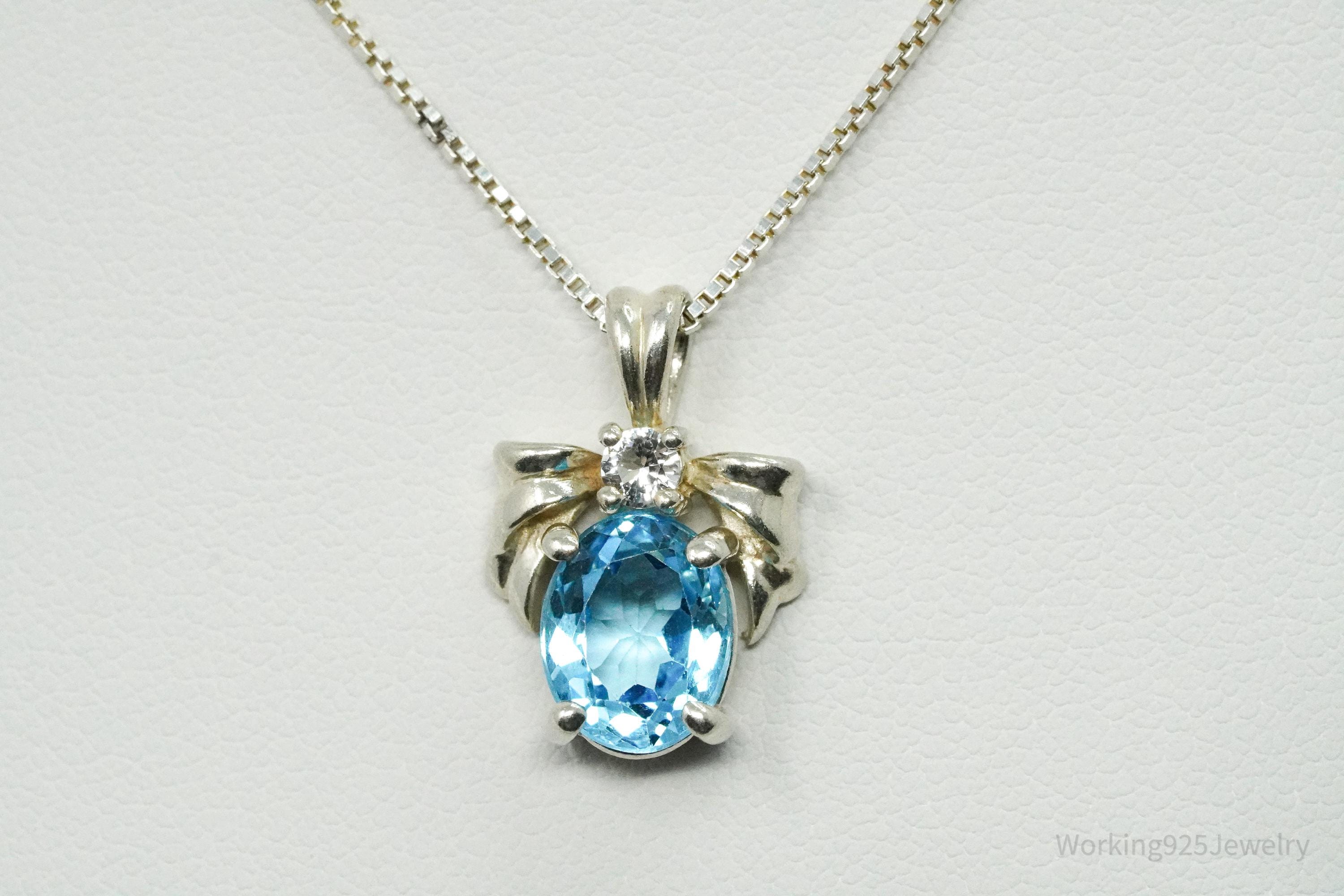 Vintage Blue Topaz & Cubic Zirconia Sterling Silver Necklace 18"