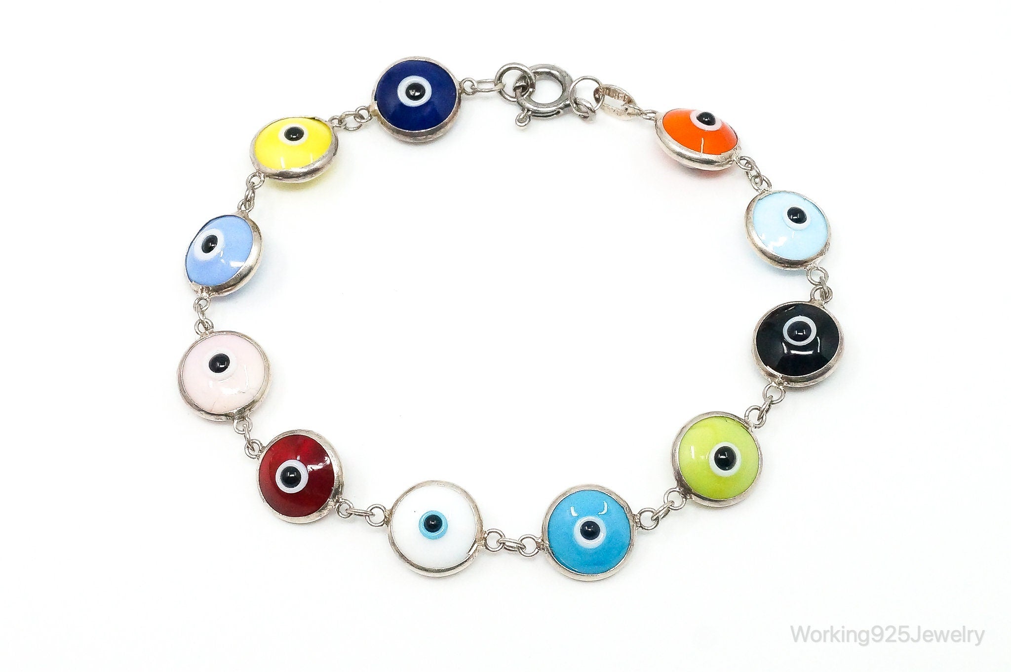 Vintage Lucky Evil Eye Multicolor Glass Sterling Silver Bracelet