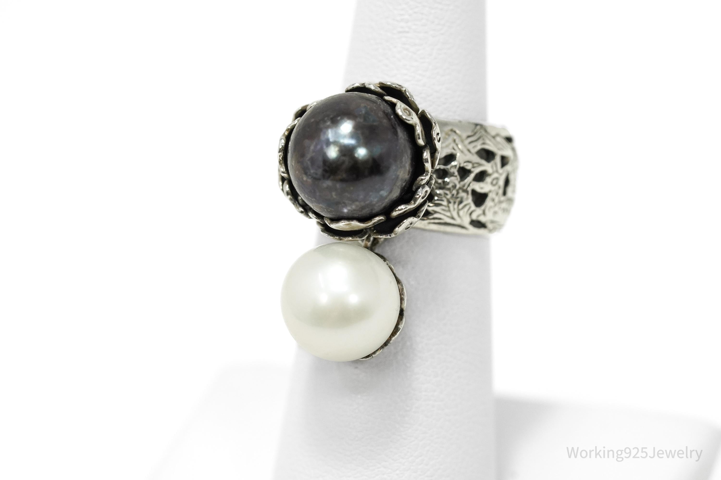 Vintage White & Tahitian Pearl Silver Ring Size 5.75