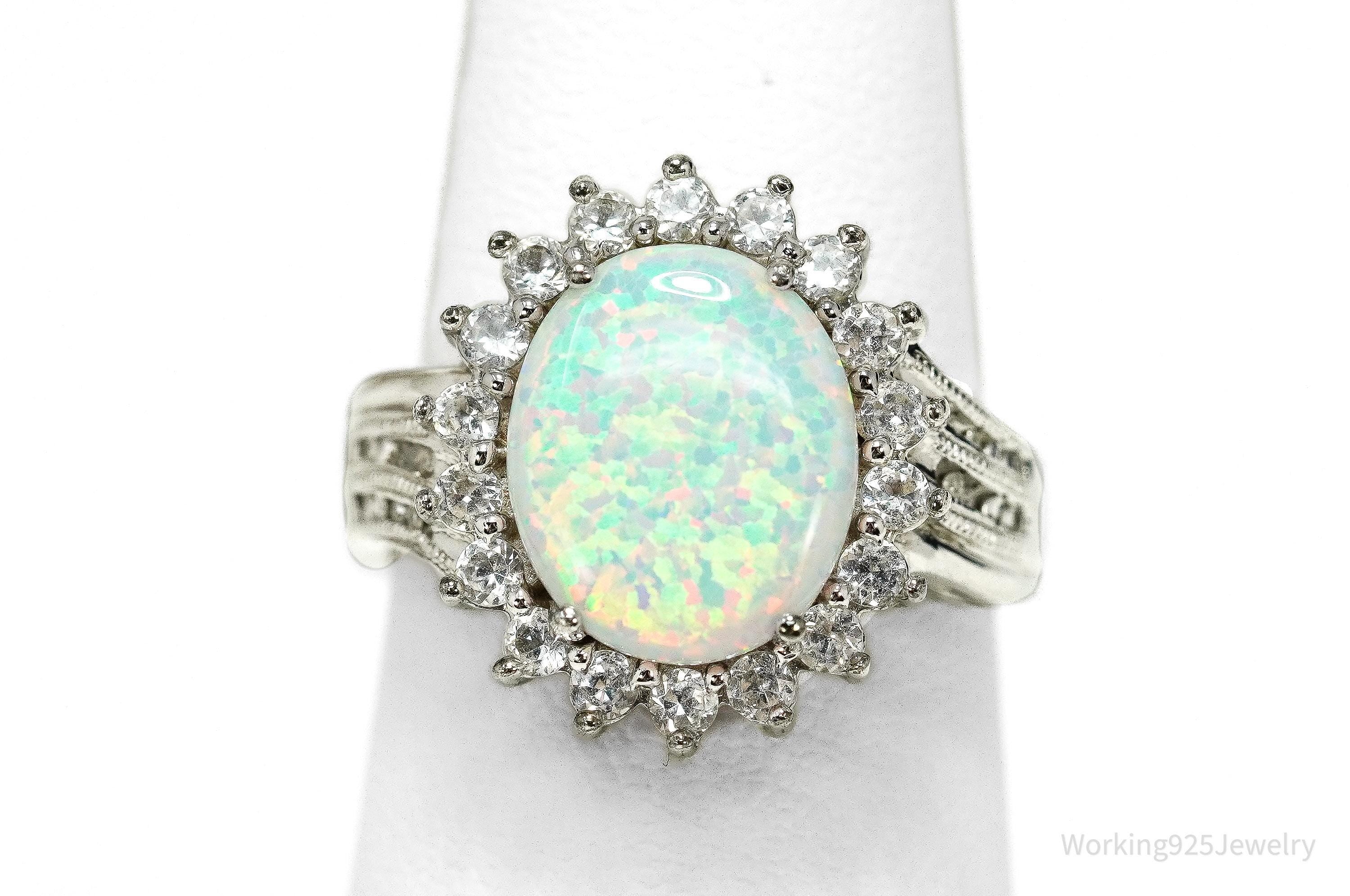 Vintage JWBR Opal, Diamond, & White Topaz Sterling Silver Ring - Size 7