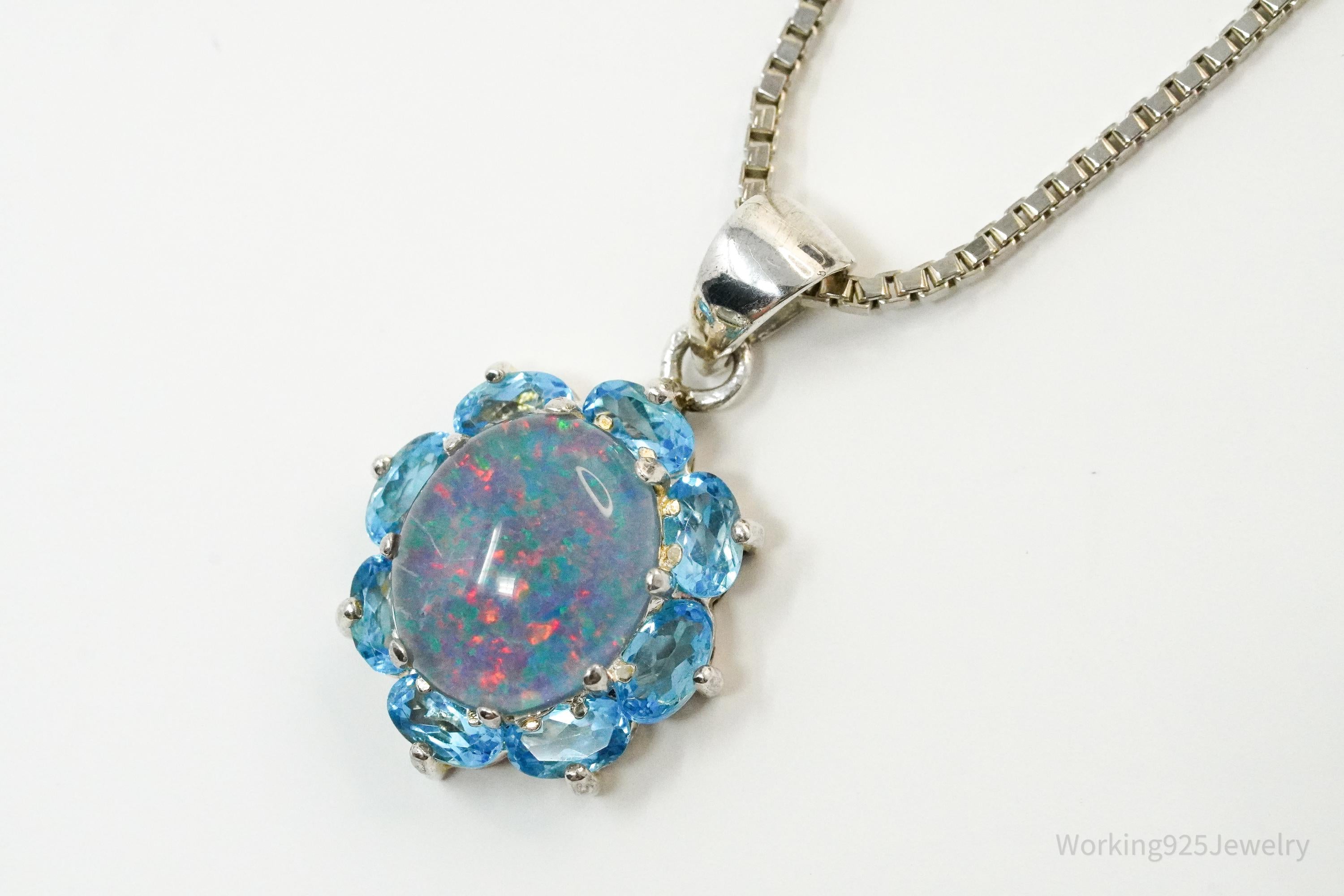 Vintage Opal & Blue Topaz Flower Sterling Silver Necklace 16"
