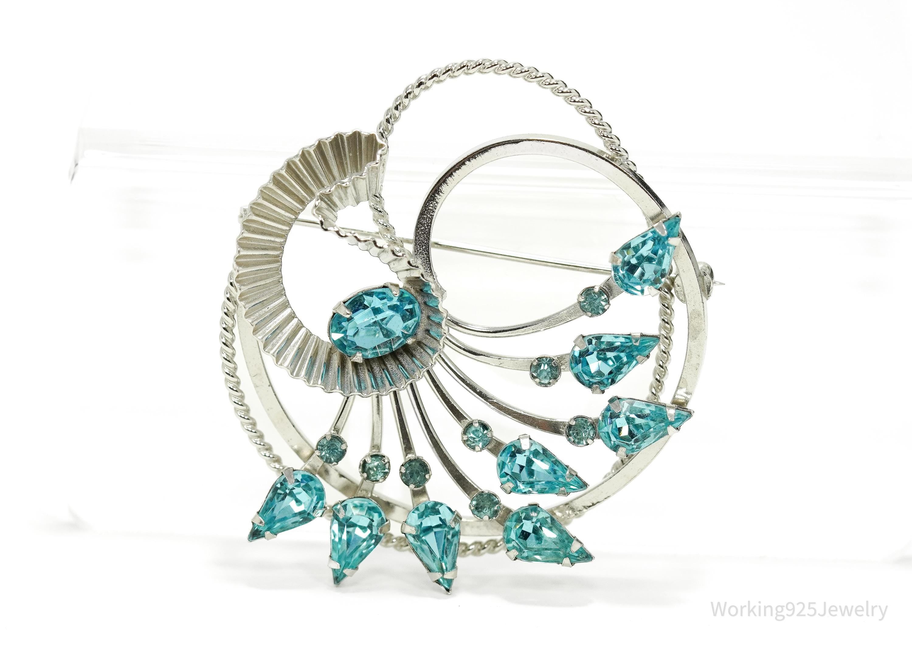 Vintage Designer BOND BOYD Blue Rhinestone Art Deco Sterling Silver Brooch Pin