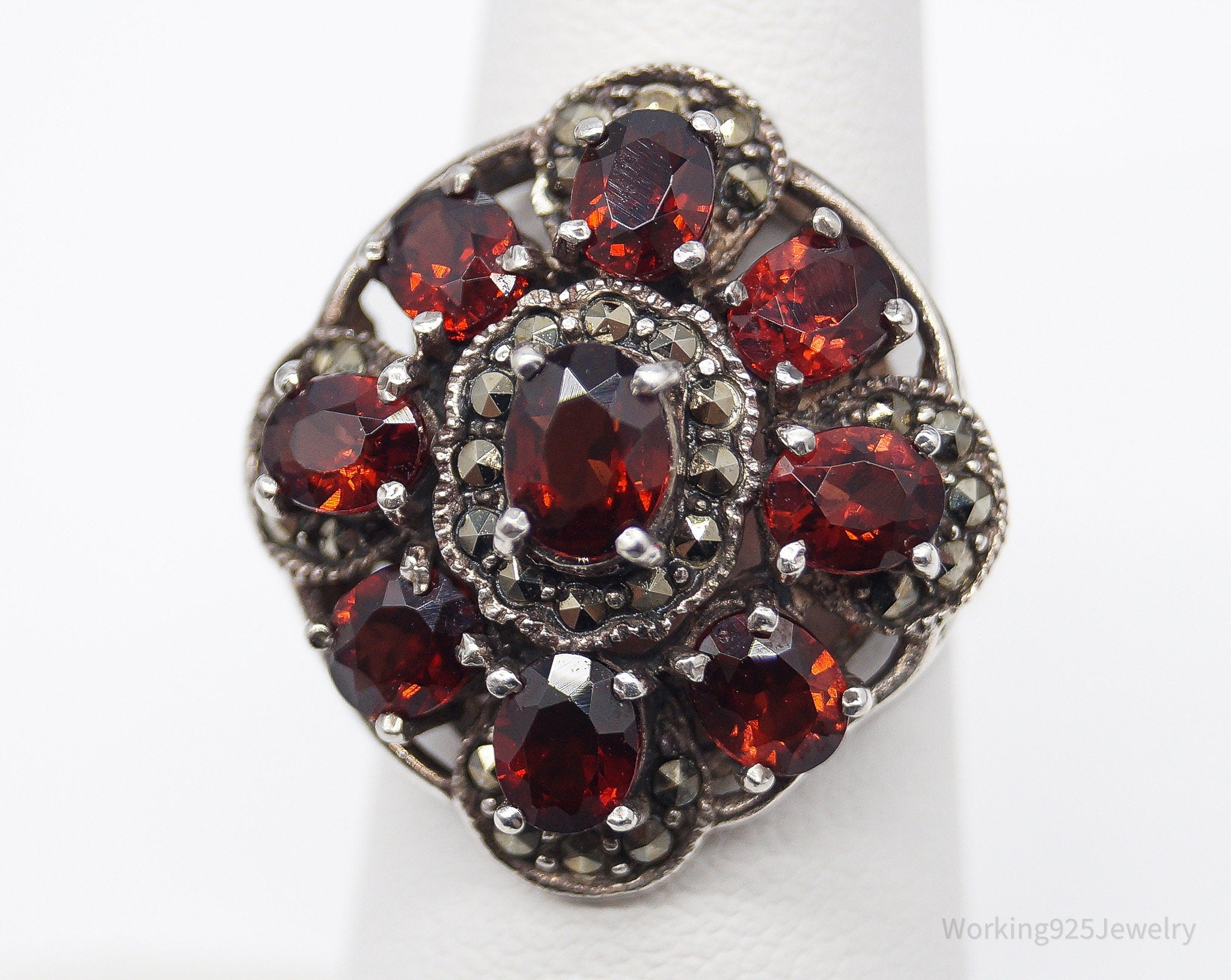 Vintage Garnet Marcasite Sterling Silver Ring - Size 5.75