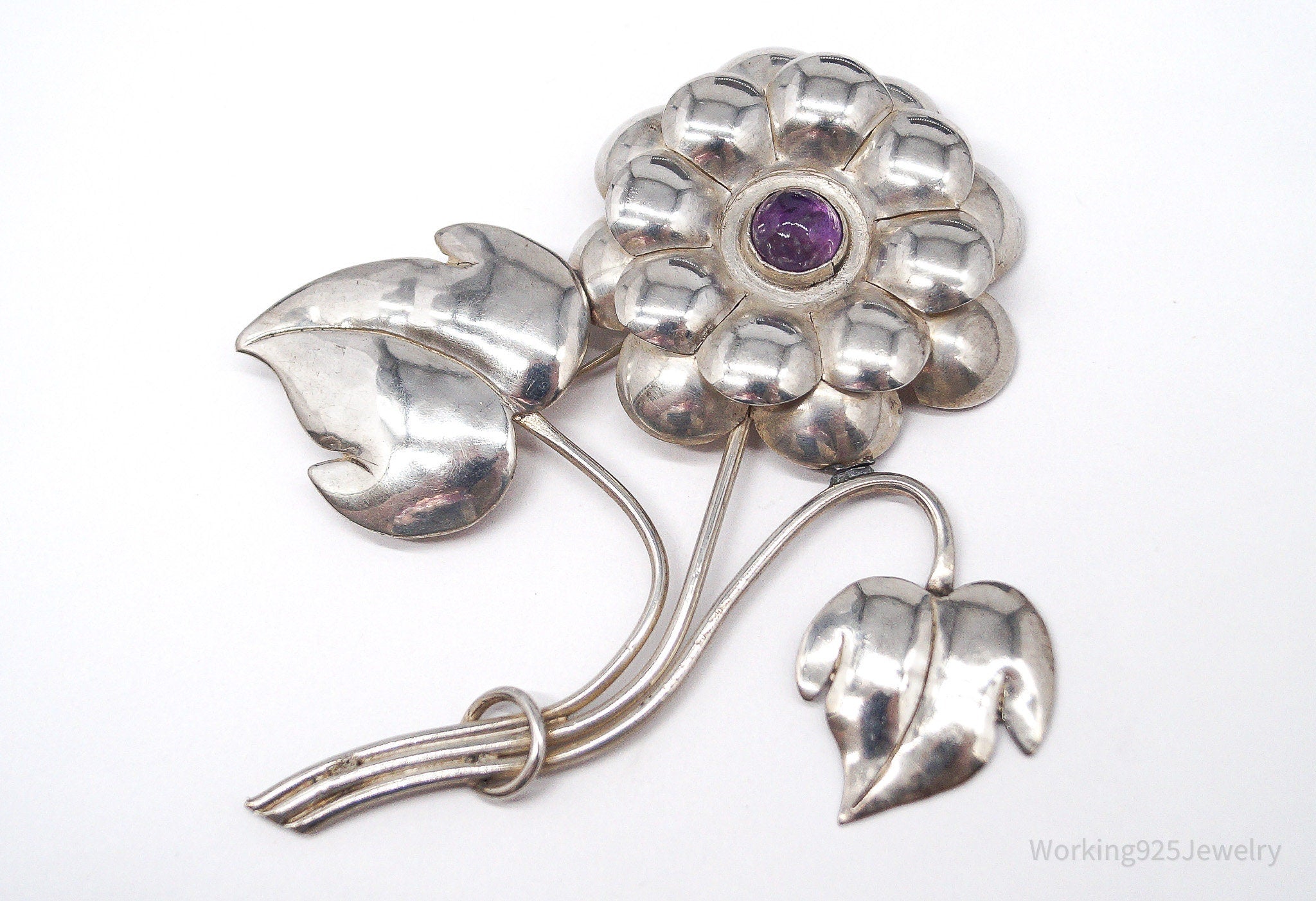 Large Vintage Mexico Modernist Flower Amethyst & Sterling Silver Brooch Pin