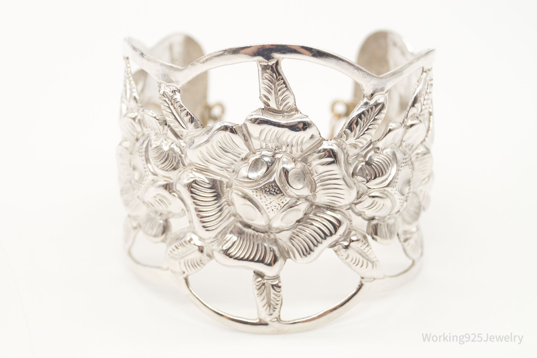 Vintage Mexico Designer Maciel Flower Repousse Sterling Silver Cuff Bracelet