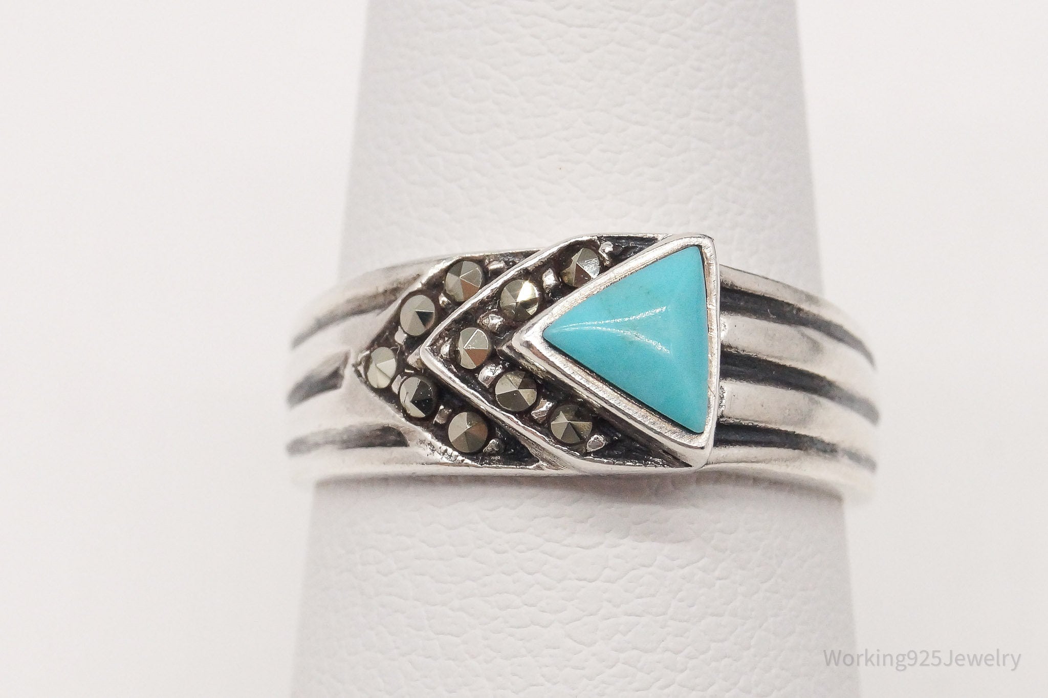 Vintage Turquoise Marcasite Sterling Silver Ring - Size 6.5