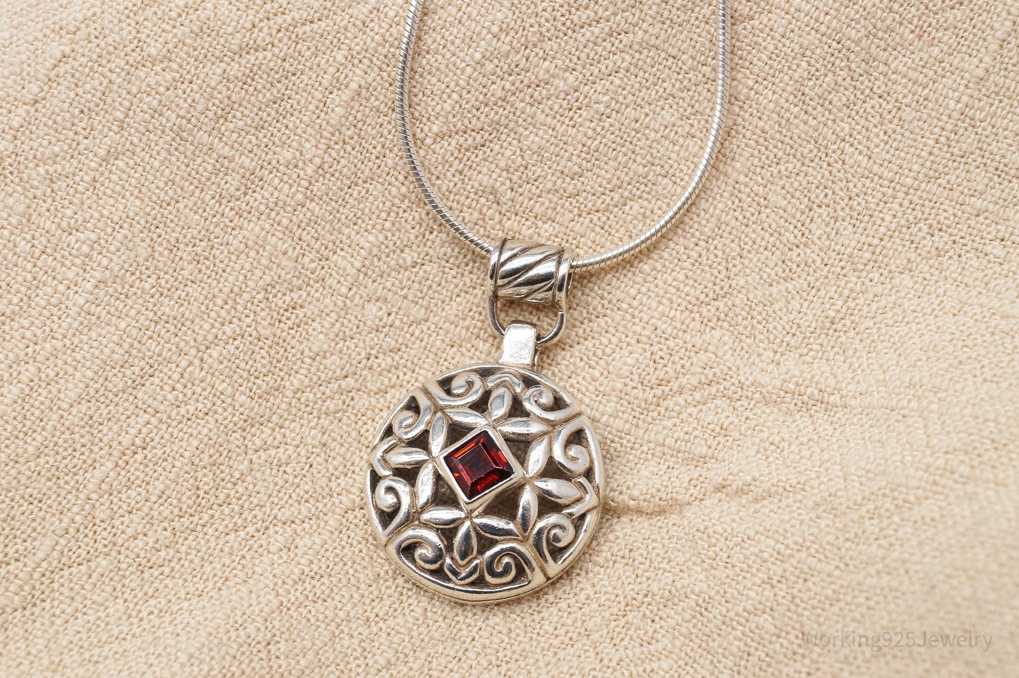 Vintage Garnet Art Deco Style Sterling Silver Necklace 16"