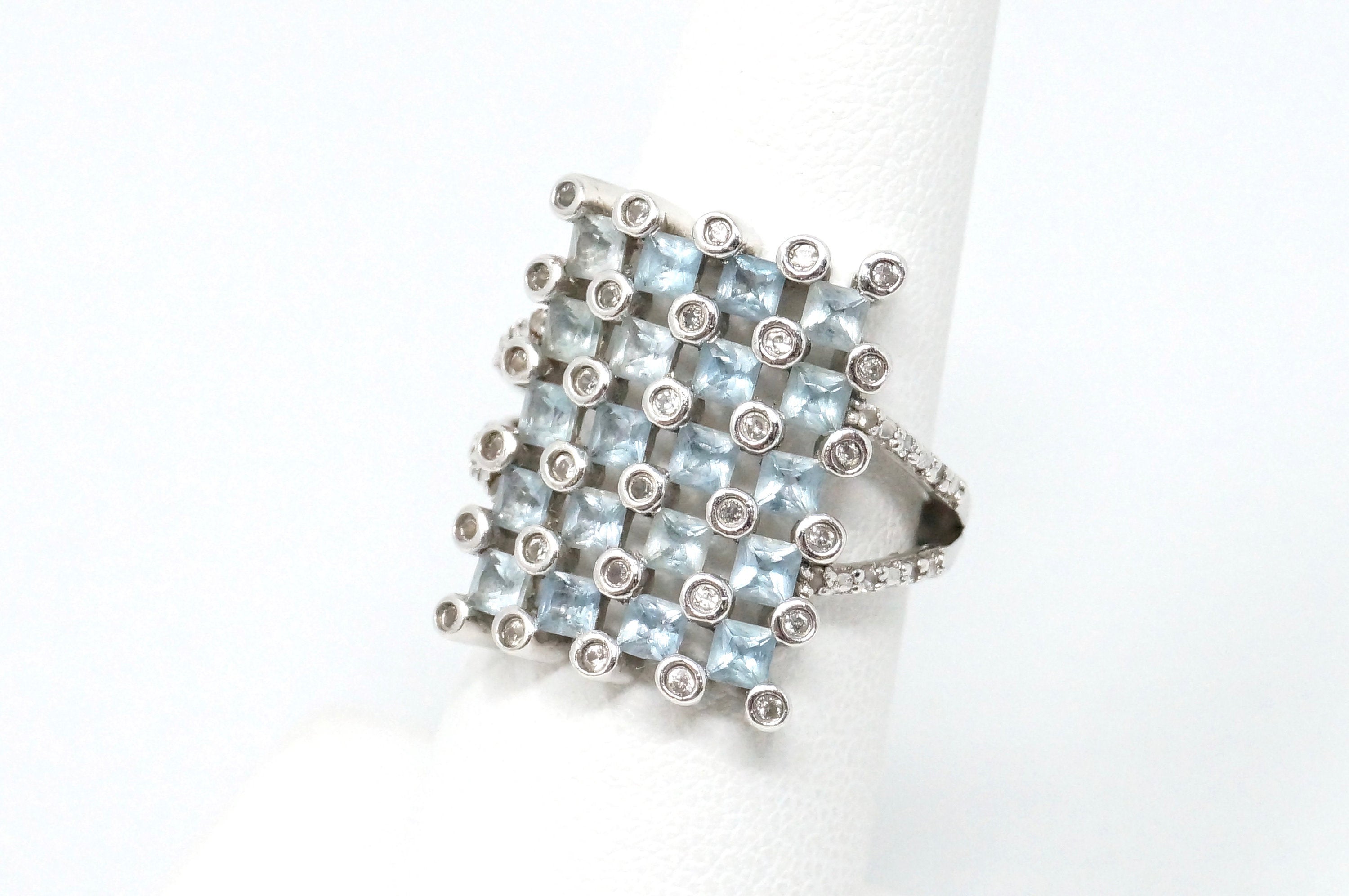 Vintage Mid Century Style Blue Topaz CZ Statement Ring Sterling Silver Size 5.75