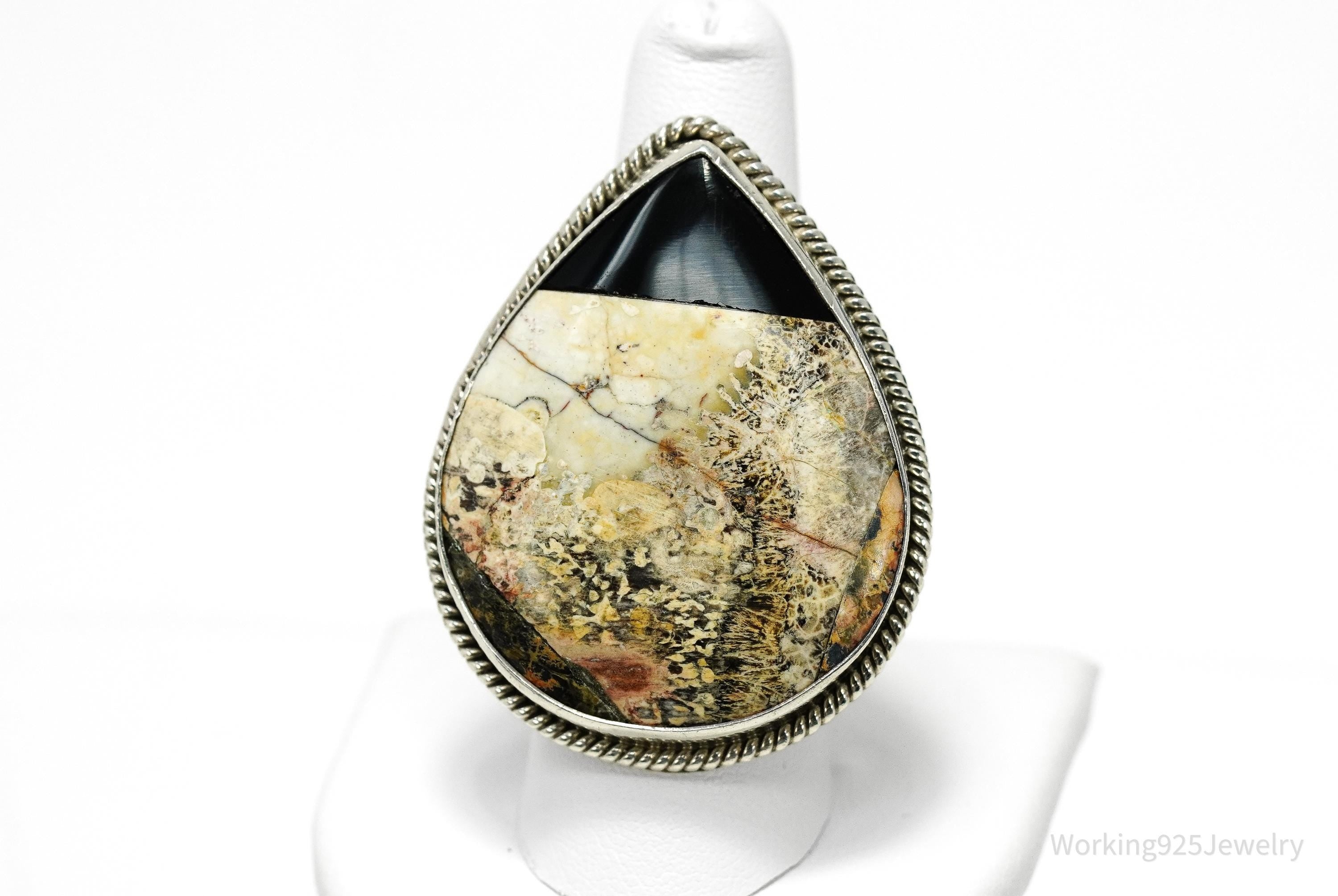 Vintage Mexico Modernist HOB Massive Agate & Black Onyx Inlay Sterling Silver Ring - Size 8