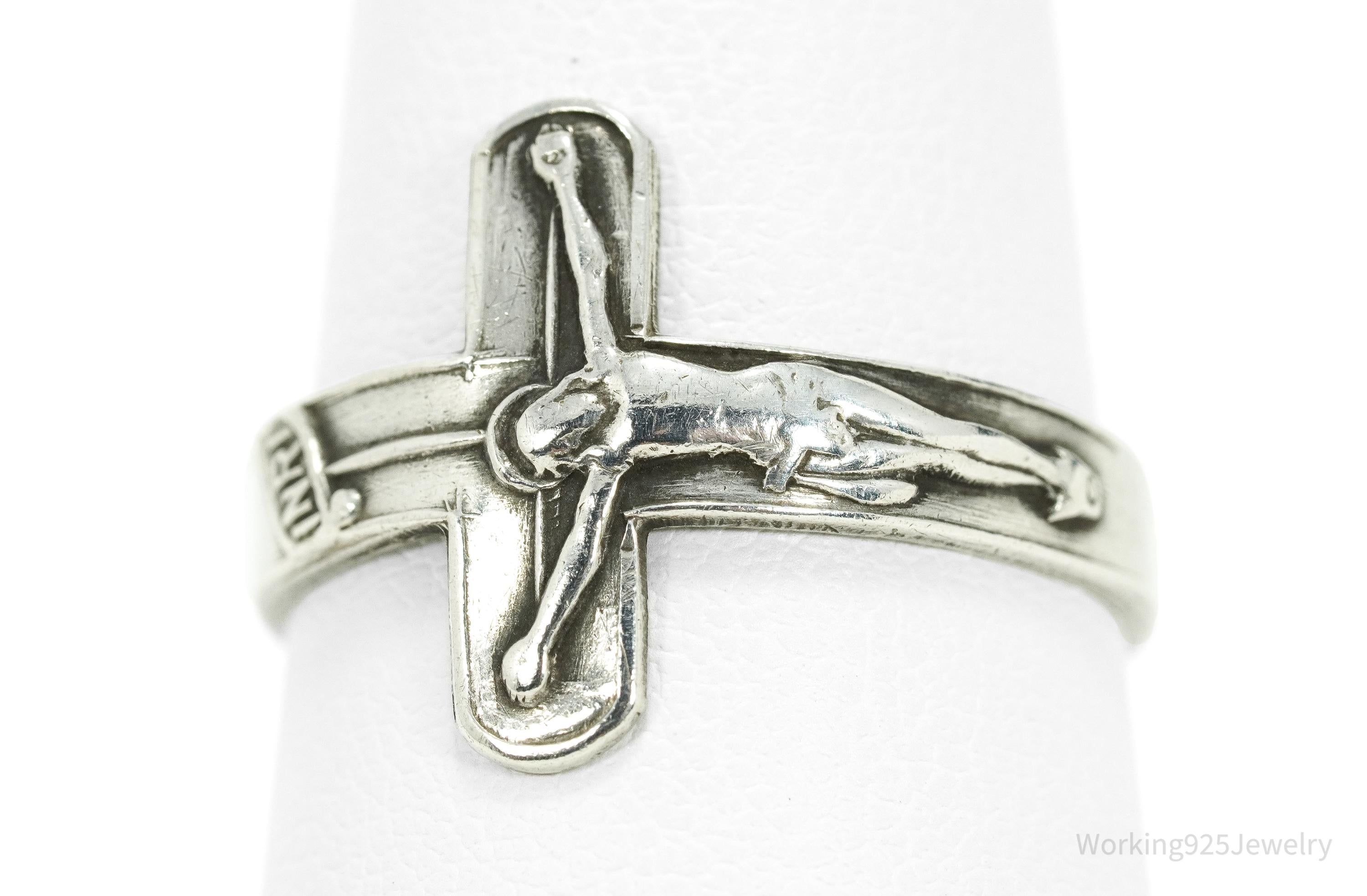 Vintage Crucifix Cross Sterling Silver Ring - Size 8.75 Adjustable