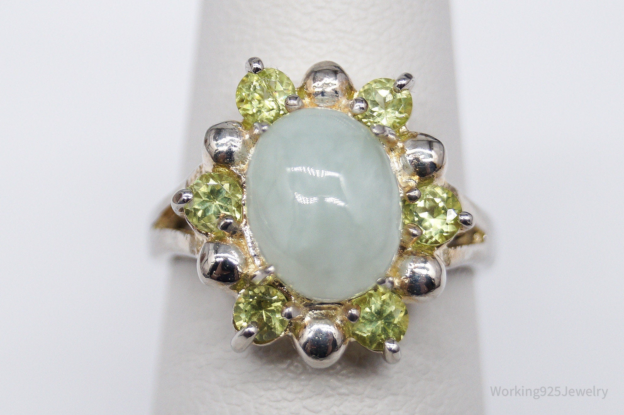 Vintage Green Jade & Peridot Sterling Silver Ring - Size 6