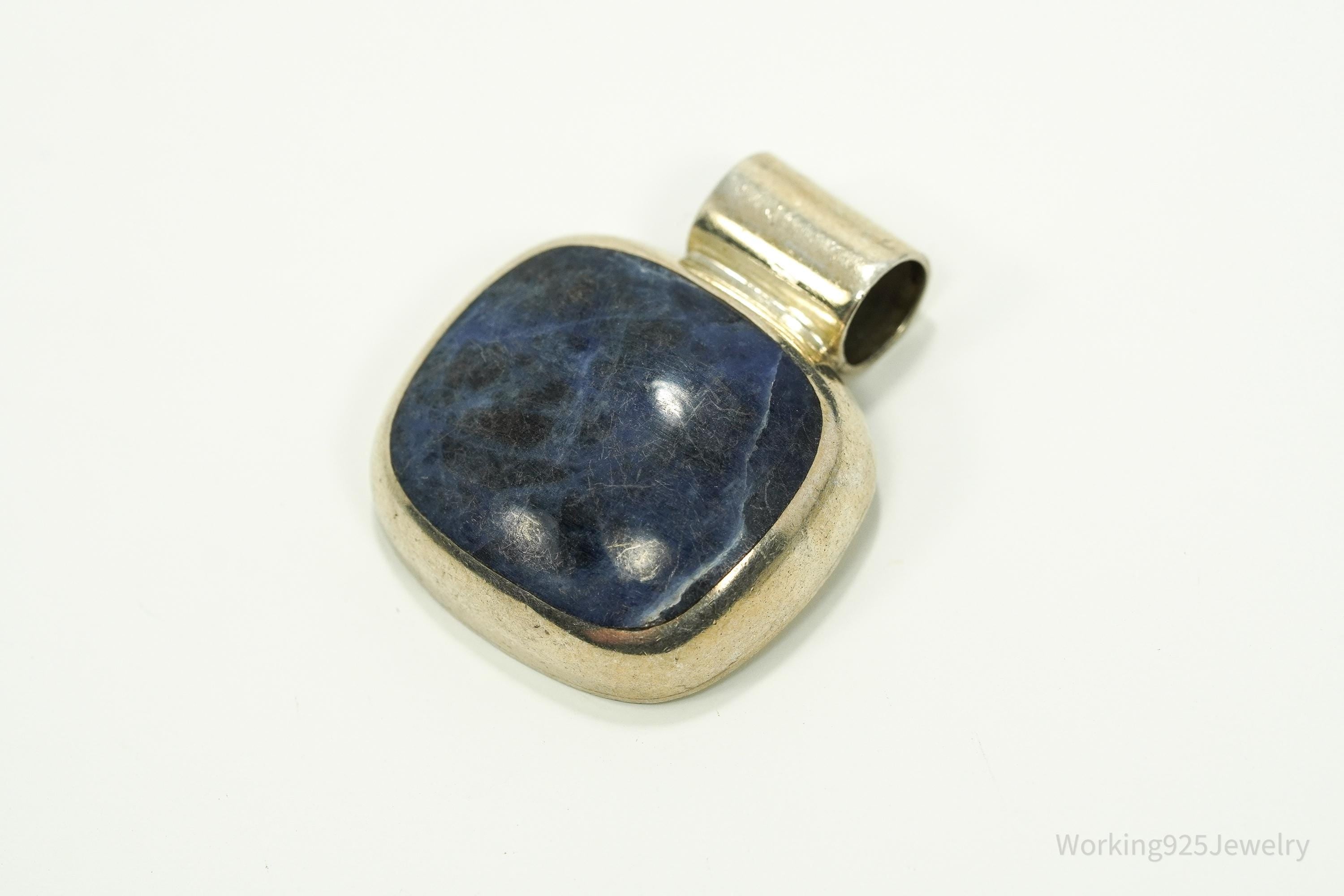 Vintage Large Mexico Modernist Style Sodalite Sterling Silver Pendant 1 9/16"