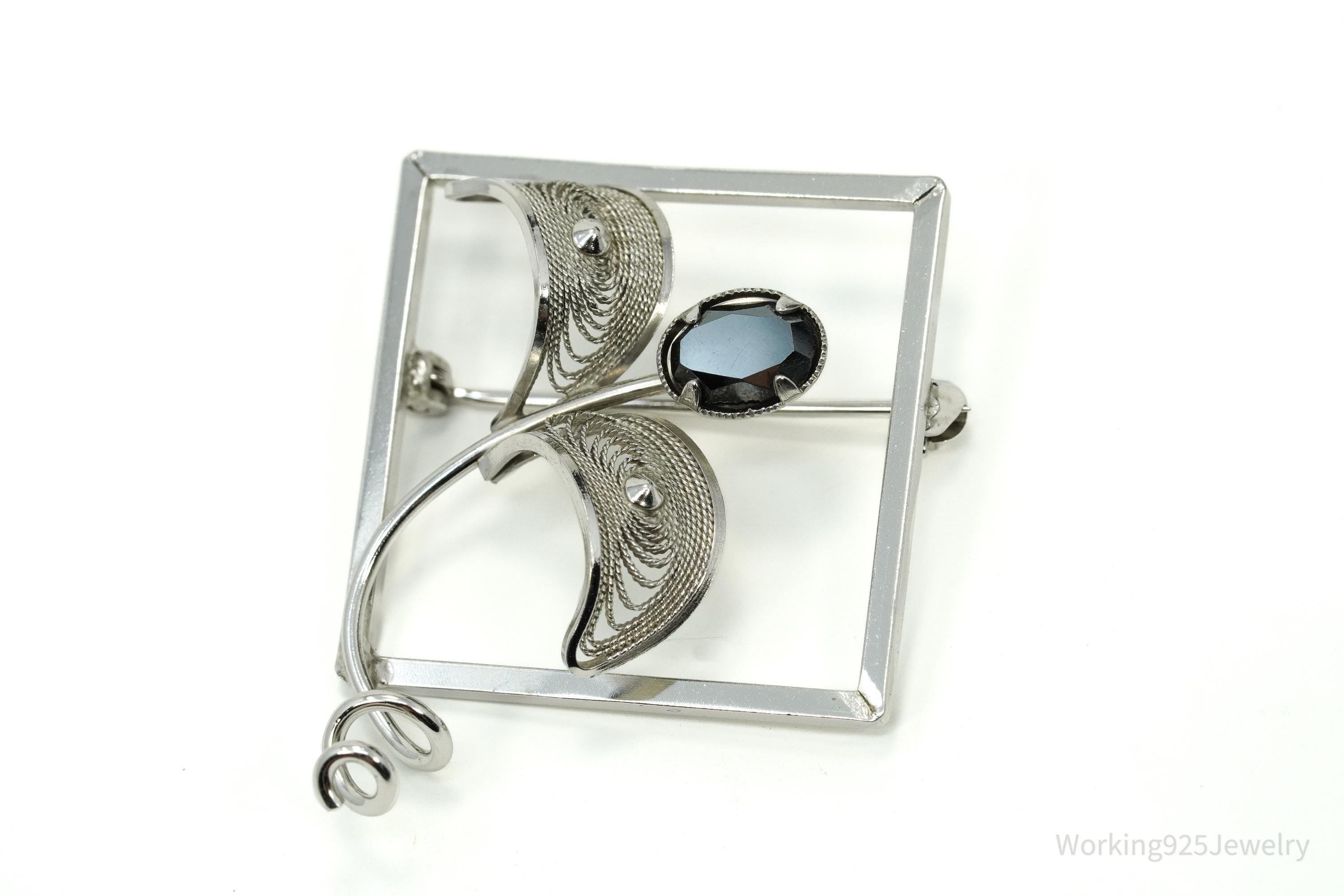 Vintage Designer CR Co Hematite Filigree Sterling Silver Brooch Pin
