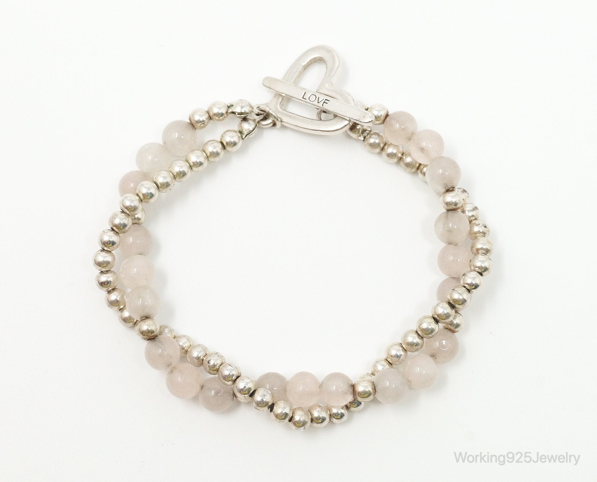 Vintage Rose Quartz Beaded Sterling Silver Heart Toggle Bracelet
