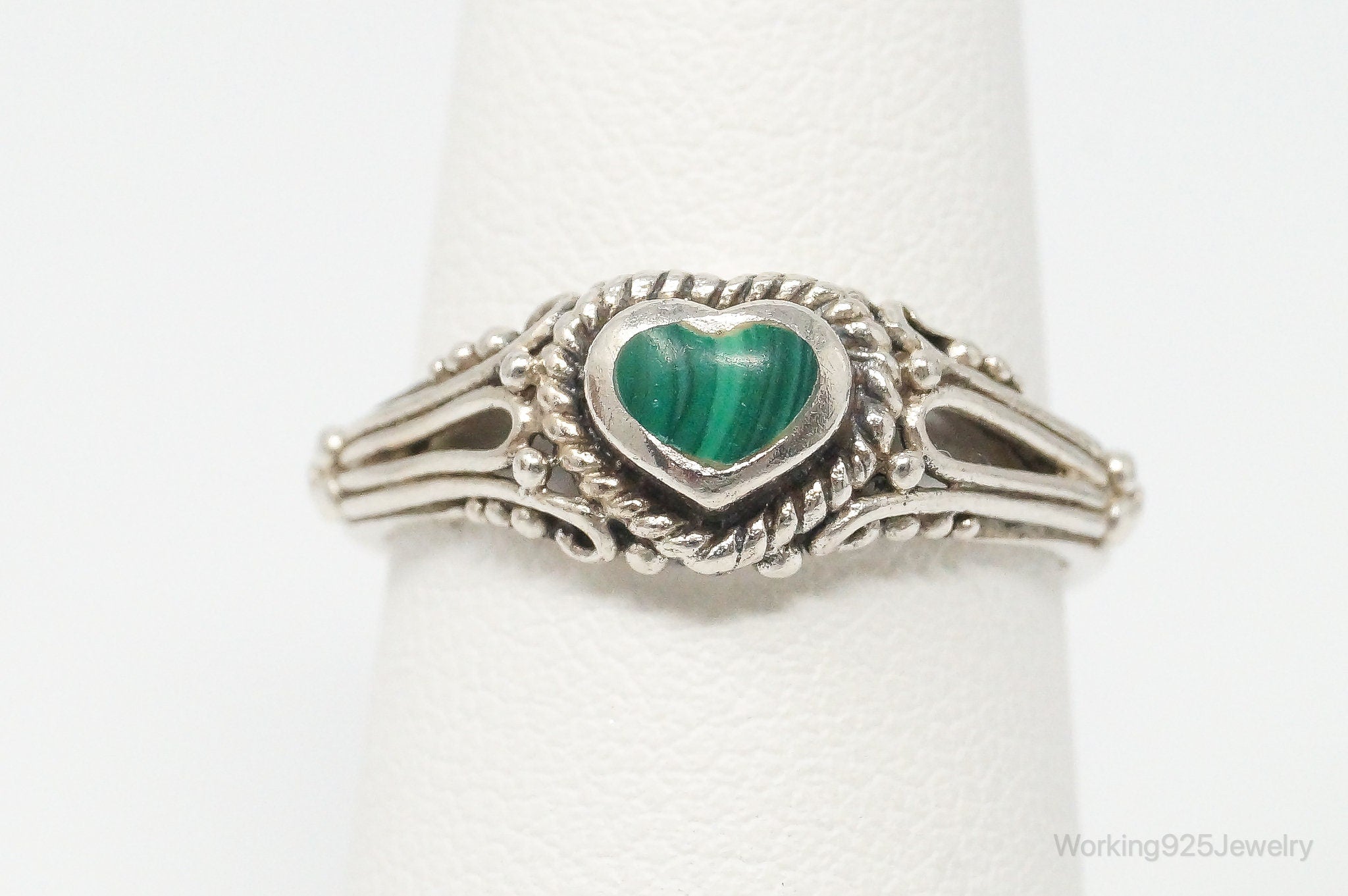 Vintage Malachite Heart Sterling Silver Ring Size 6