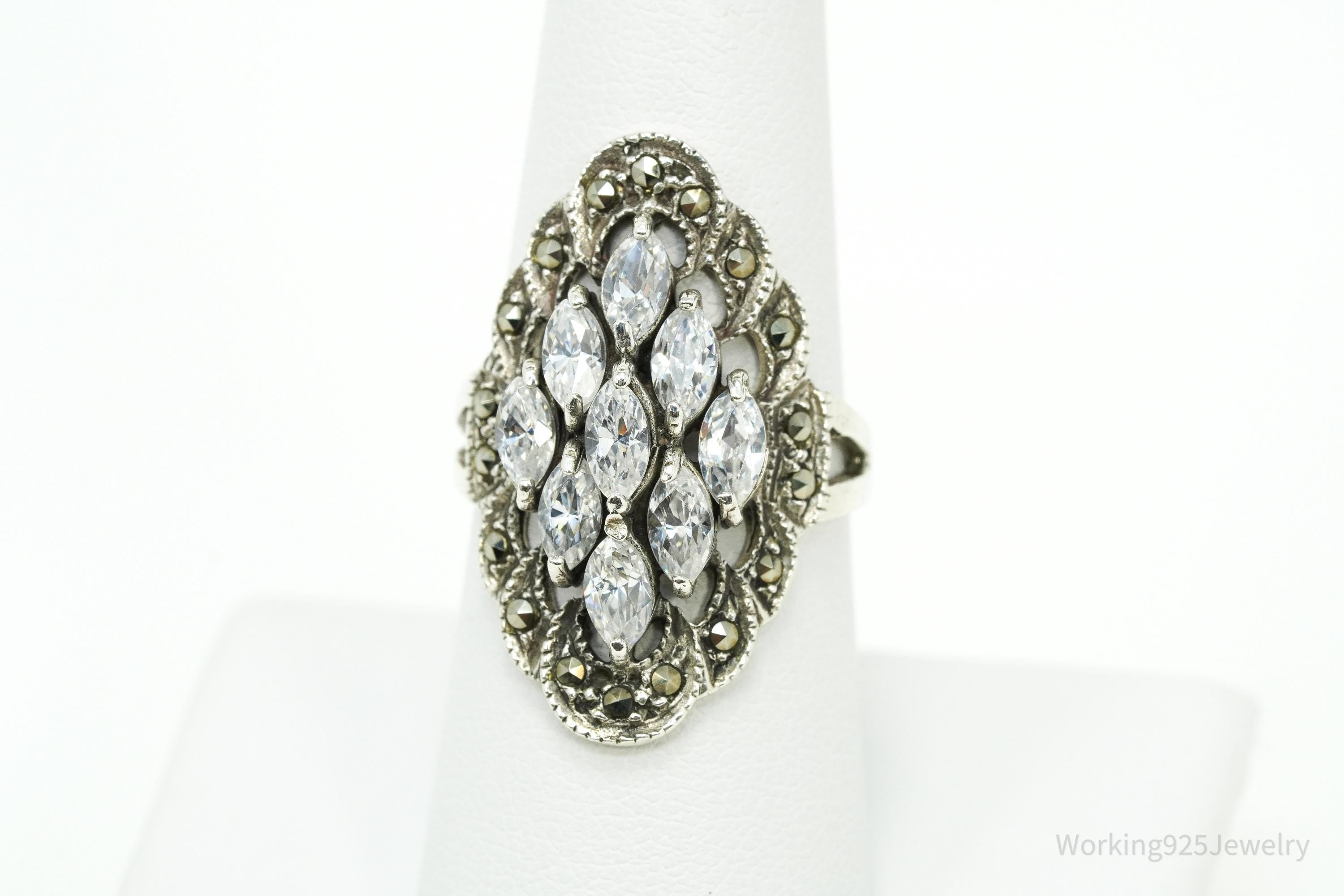 Vintage Cubic Zirconia & Marcasite Sterling Silver Ring - Size 7.75