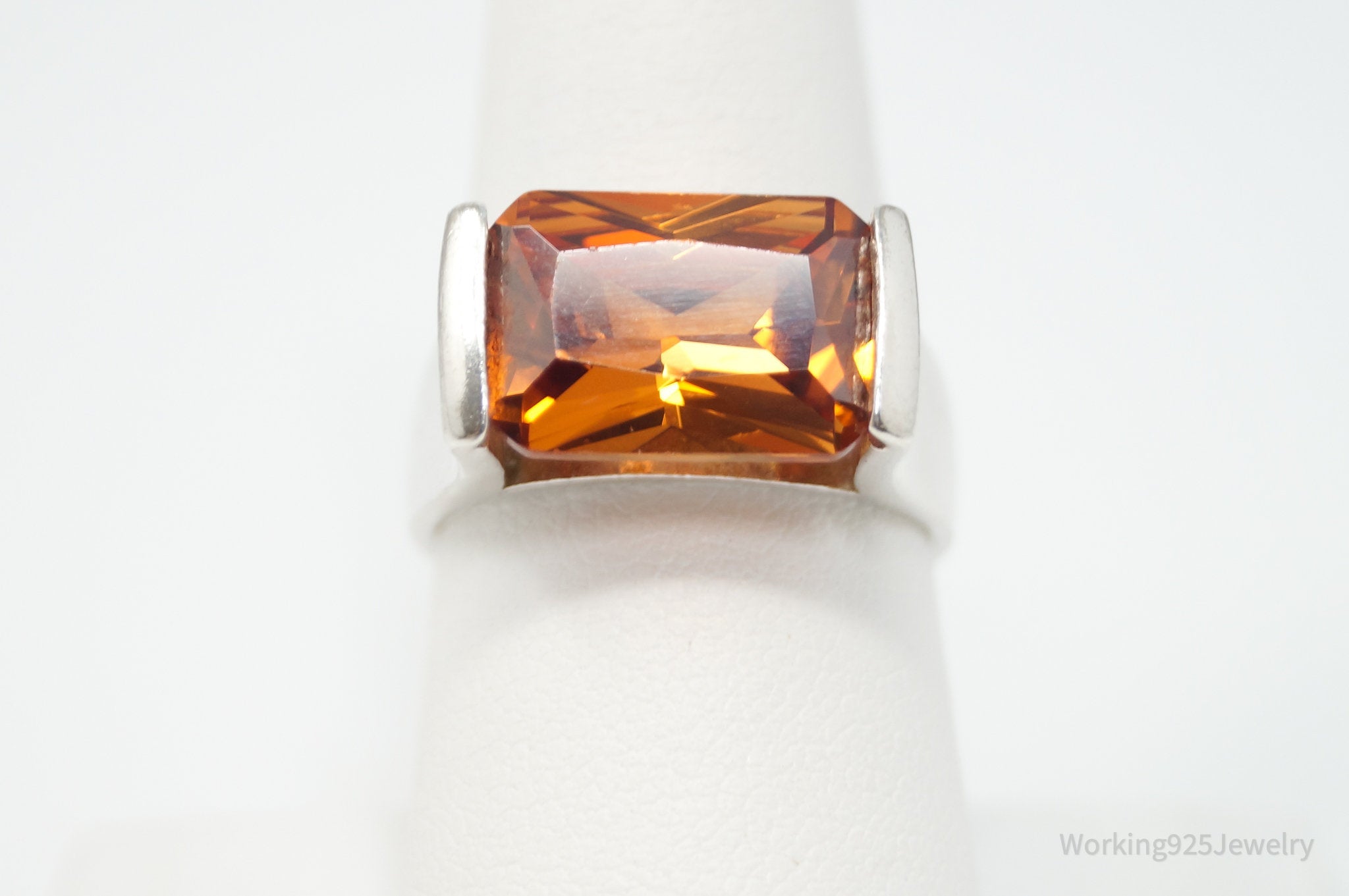 Vintage Large Orange Topaz Sterling Silver Ring - Size 8