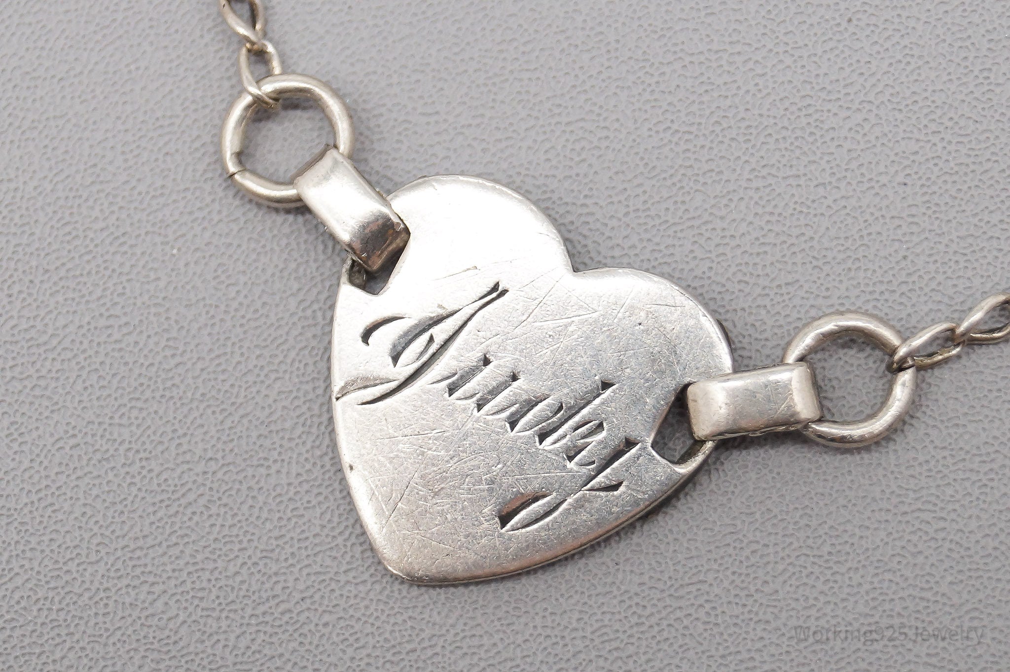 Antique "Judy" Name Etched Heart Silver Chain Bracelet - 6.5"