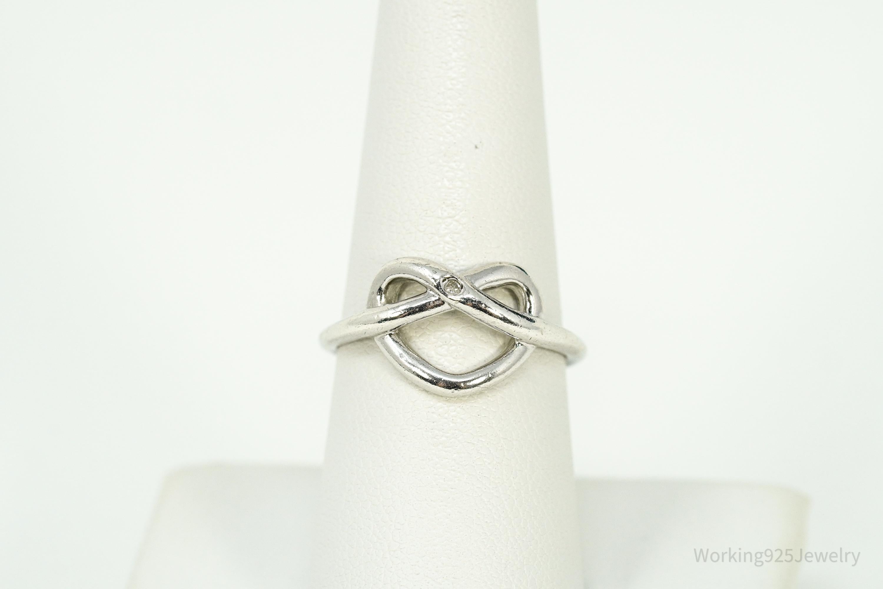 Vintage HDIA Single Diamond Heart Knot Sterling Silver Ring - Size 7.5