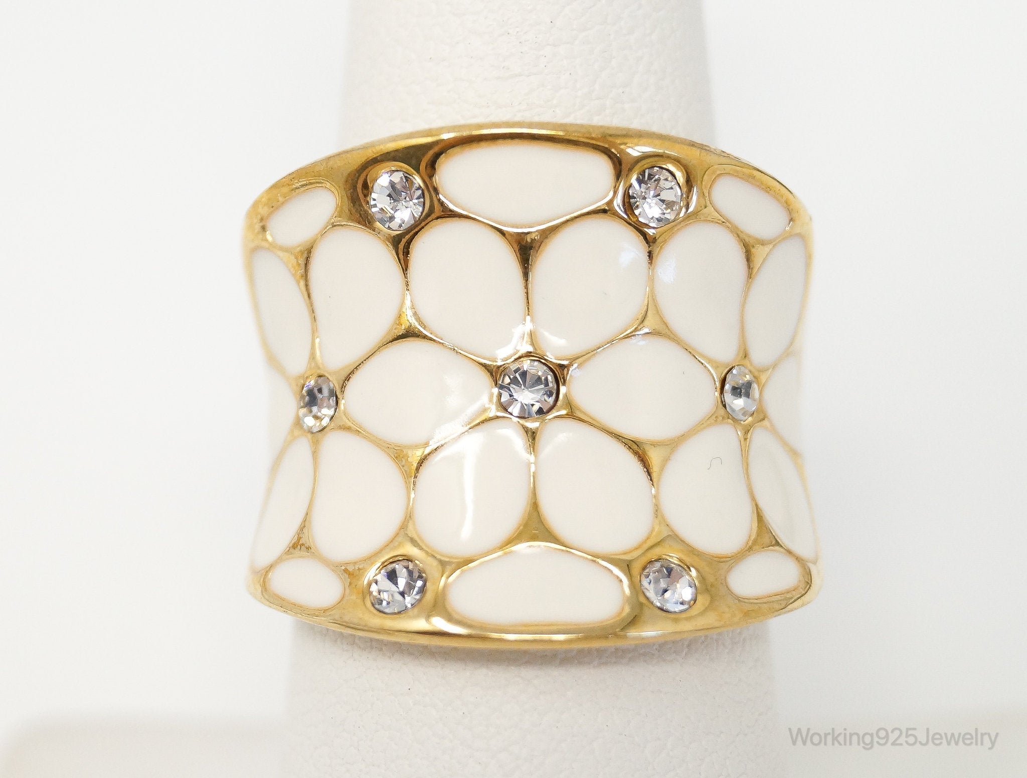 VTG Golden Enamel Crystals Daisies Costume Ring Size 7.5