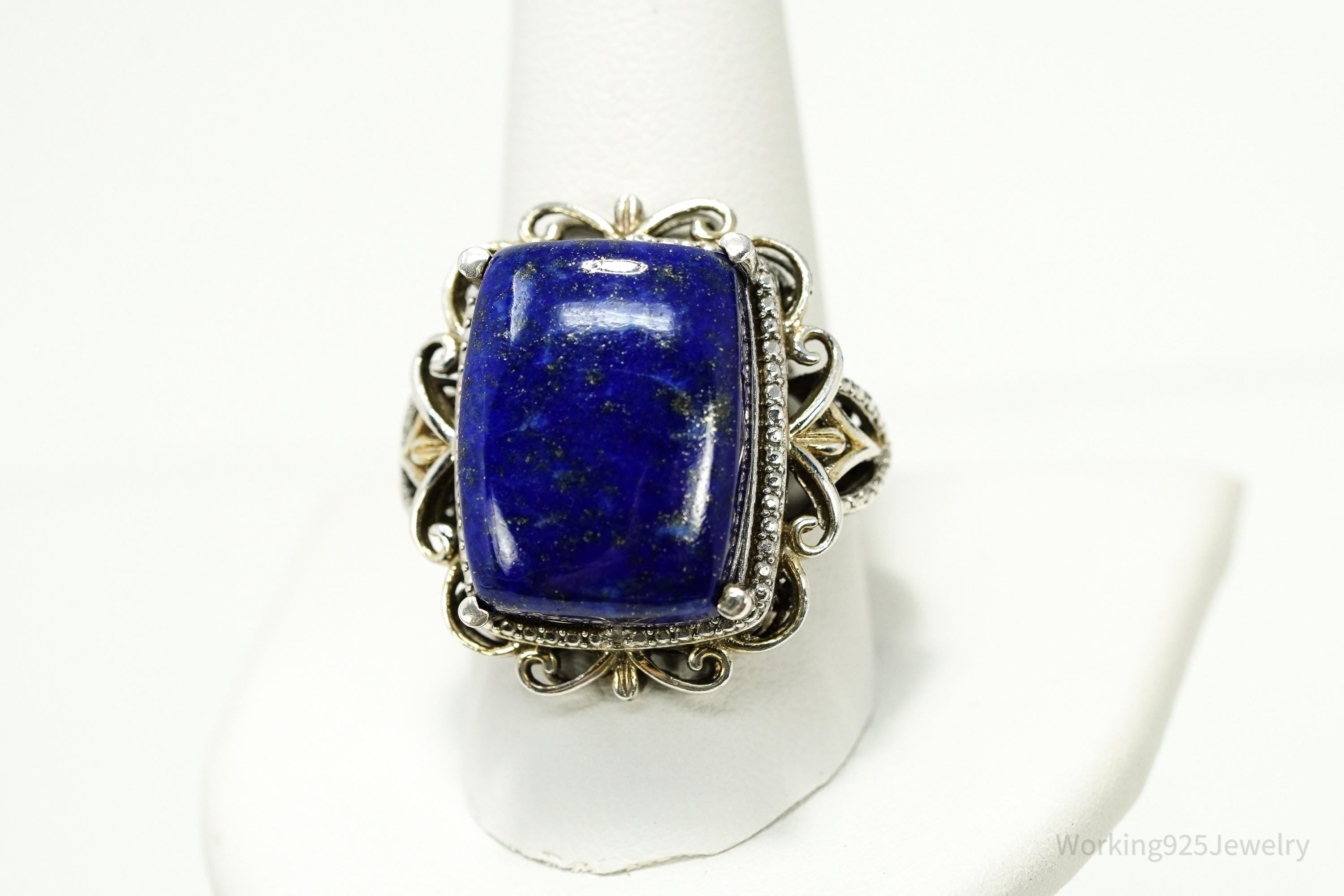 Vintage Lapis Lazuli & Diamond Gold Over Sterling Silver Ring - Size 10