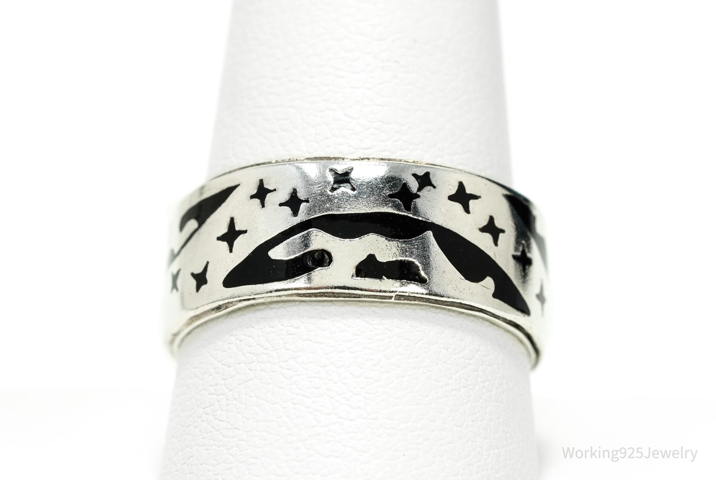 Vintage Earth & Stars Enamel Sterling Silver Band Ring - Size 10.5