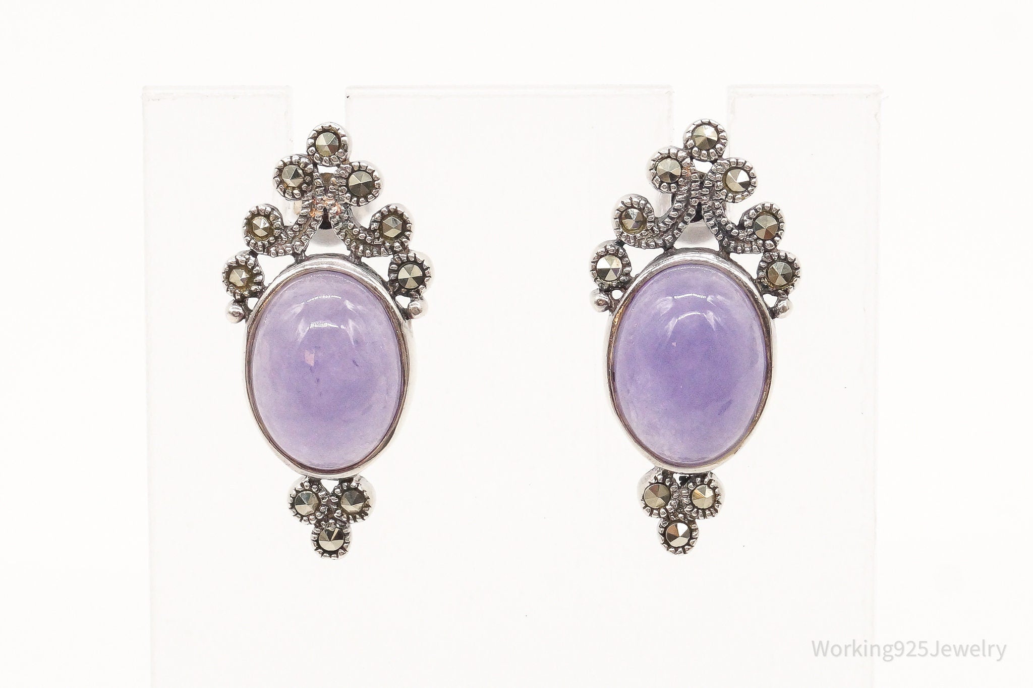 Vintage Purple Jade Marcasite Sterling Silver Earrings
