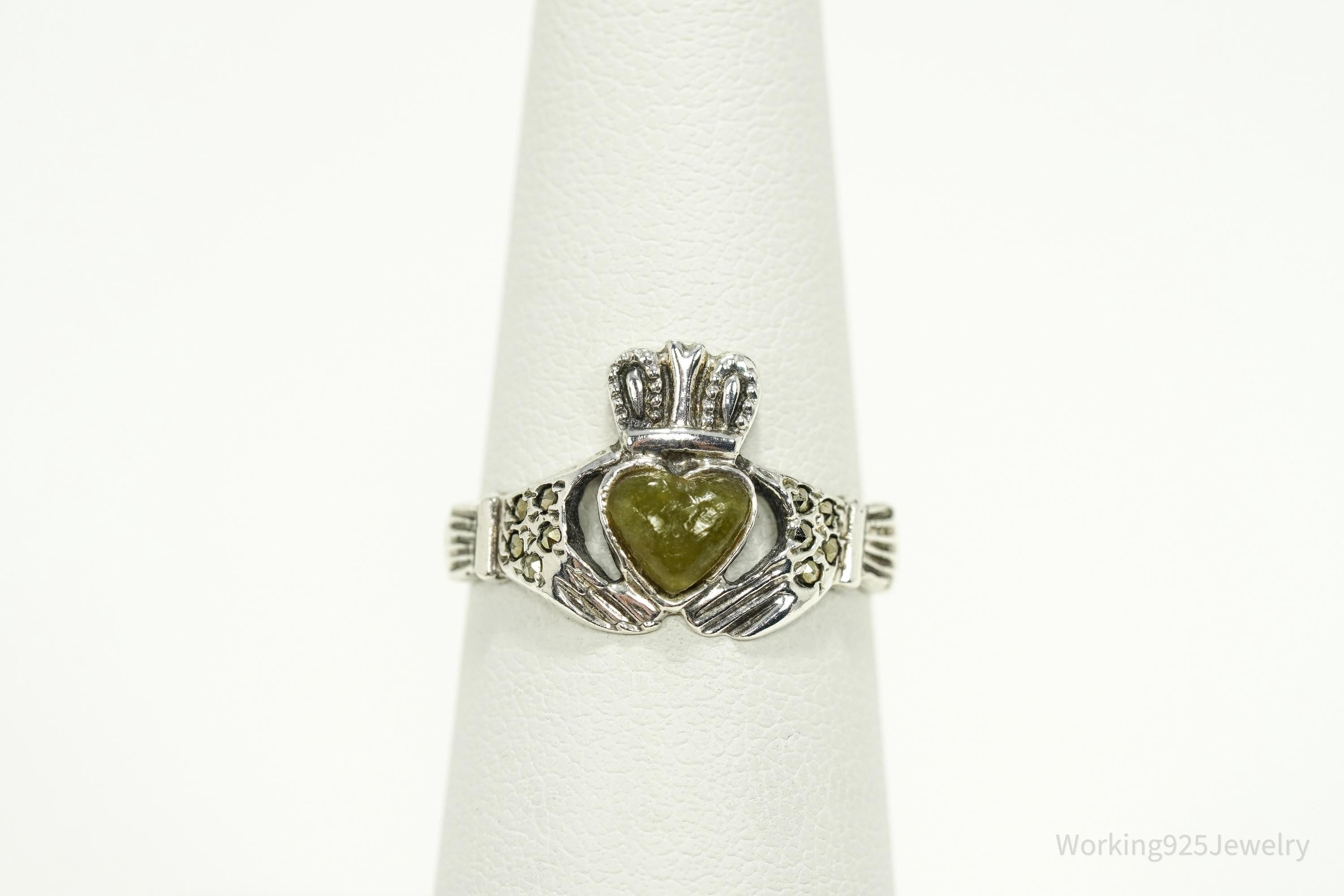 Vintage Dublin Designer ISJ Claddagh Jade & Marcasite Sterling Silver Ring - Size 7