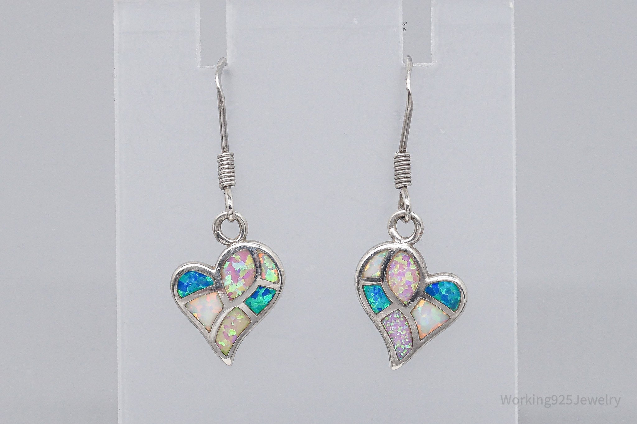 Vintage Opal Inlay Hearts Sterling Silver Earrings