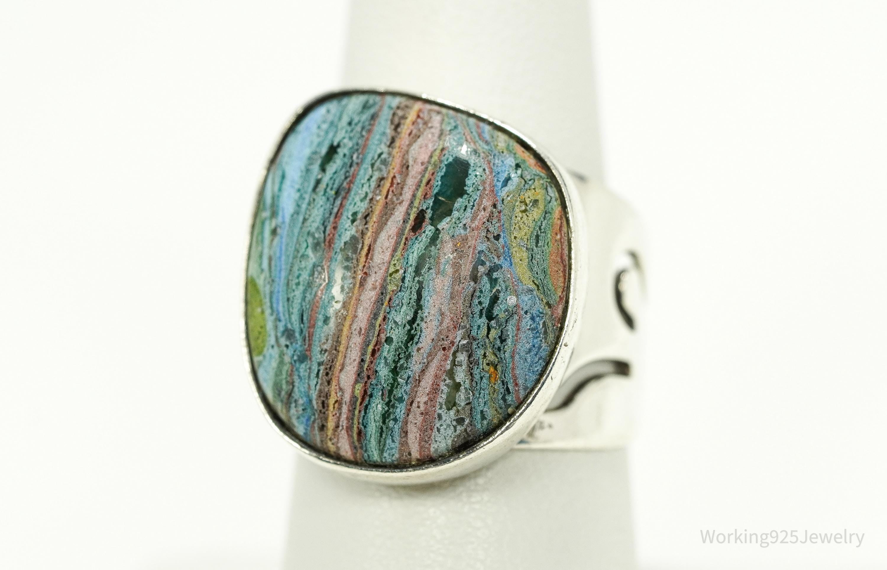 VTG Designer Desert Rose Trading Rainbow Calsilica Sterling Silver Ring - 8.25