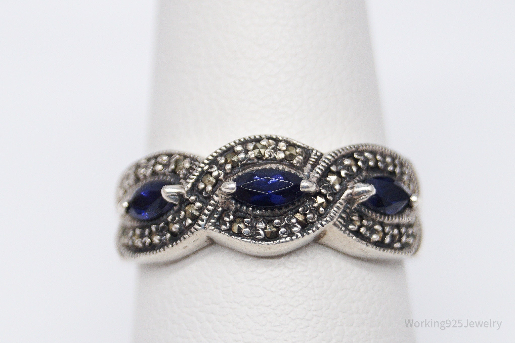 Vintage CNA Iolite & Marcasite Sterling Silver Ring - Size 8