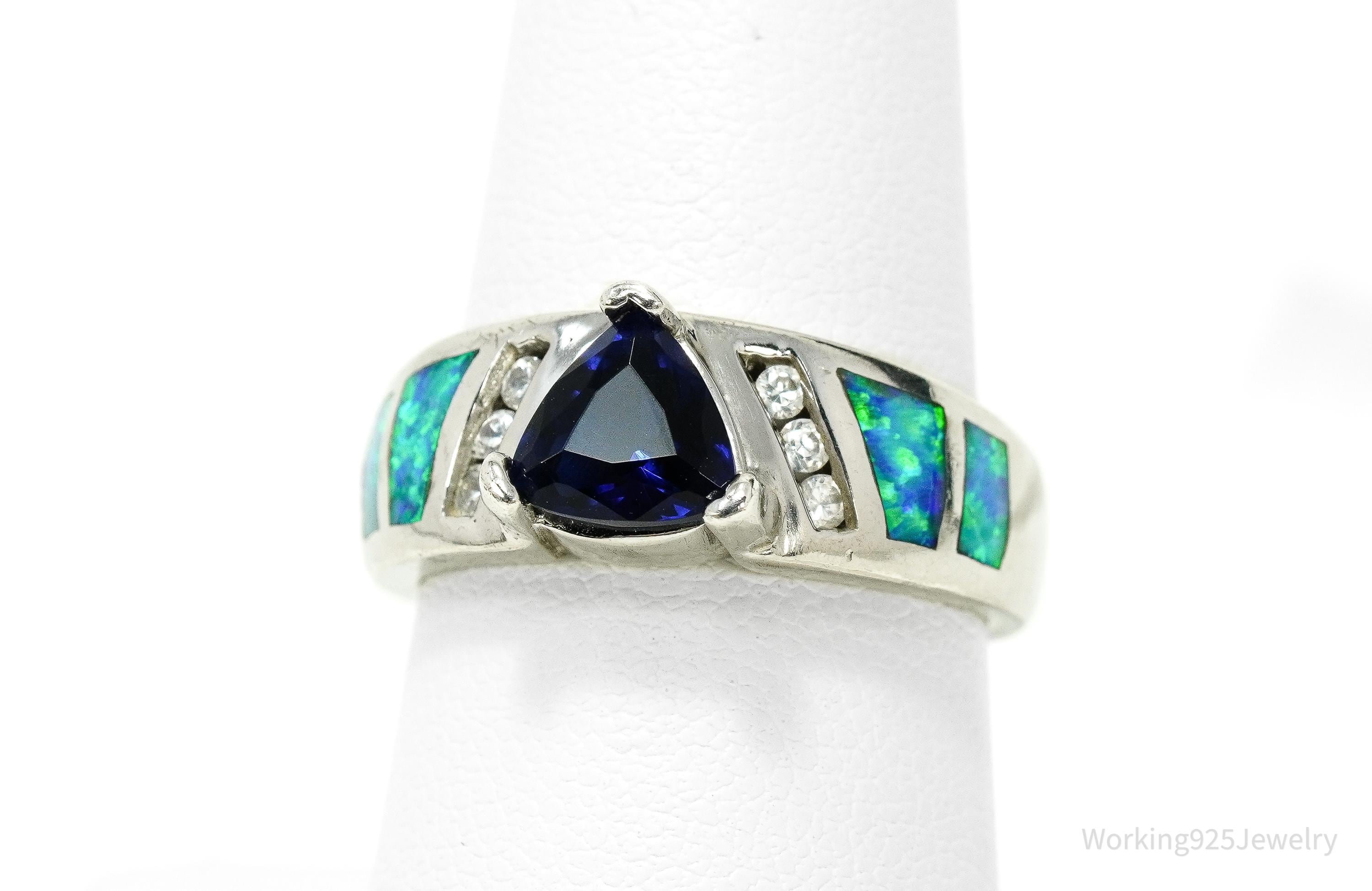 Vintage Lab Created Sapphire Cubic Zirconia Opal Sterling Silver Ring - Size 7.75
