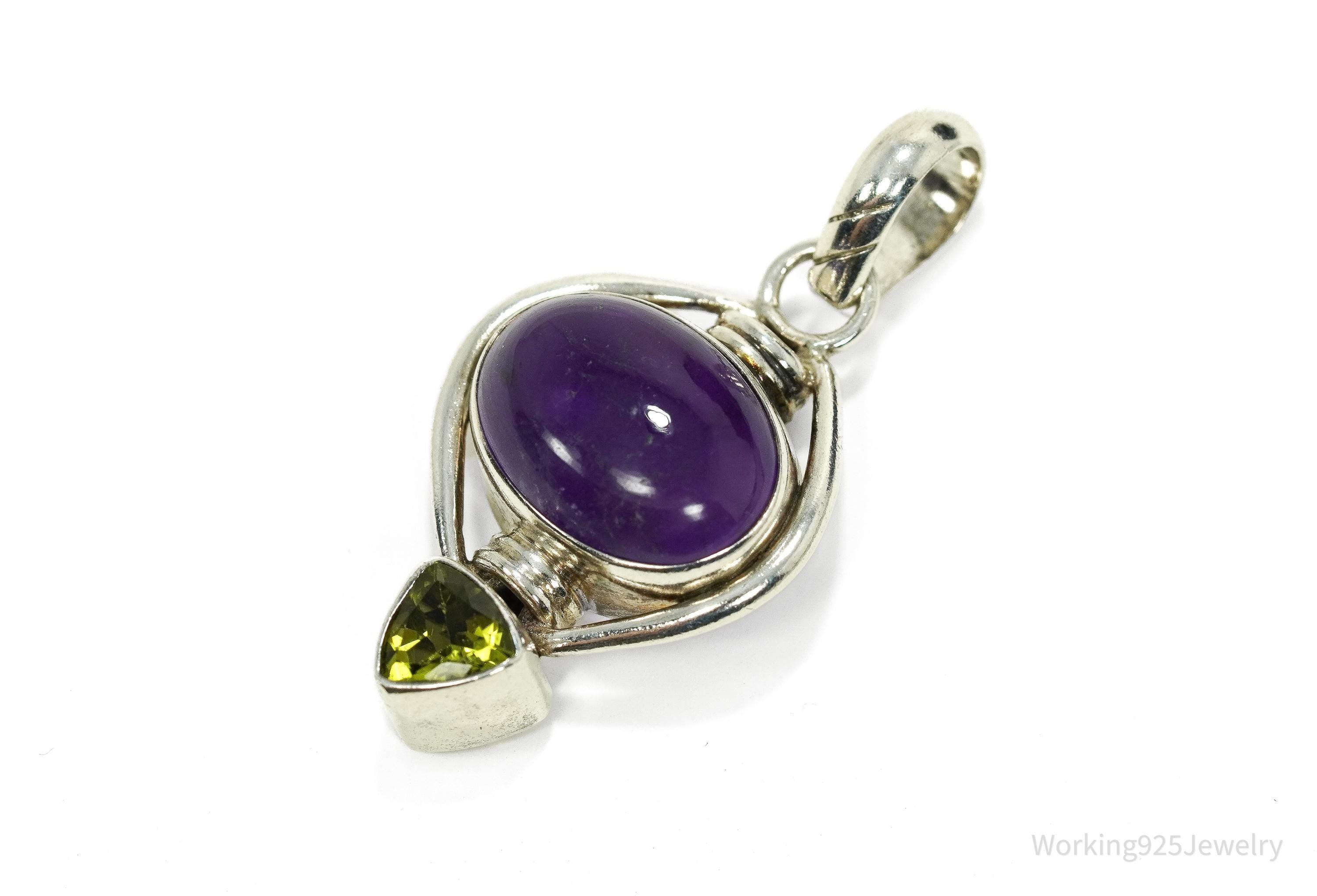 Vintage Amethyst Peridot Sterling Silver Bali Style Necklace Pendant