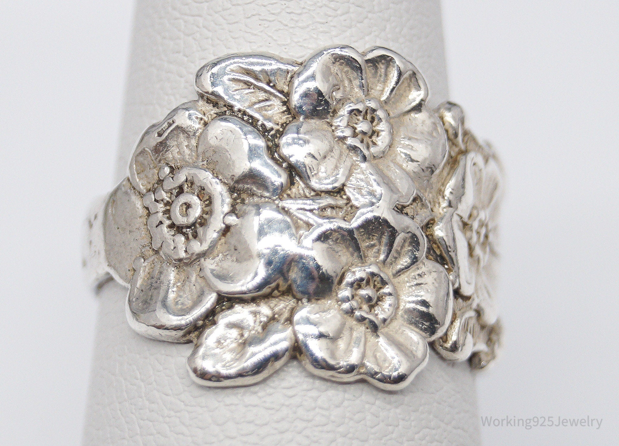 Antique Designer Paille Floral Pattern Sterling Silver Ring - Size 7.75
