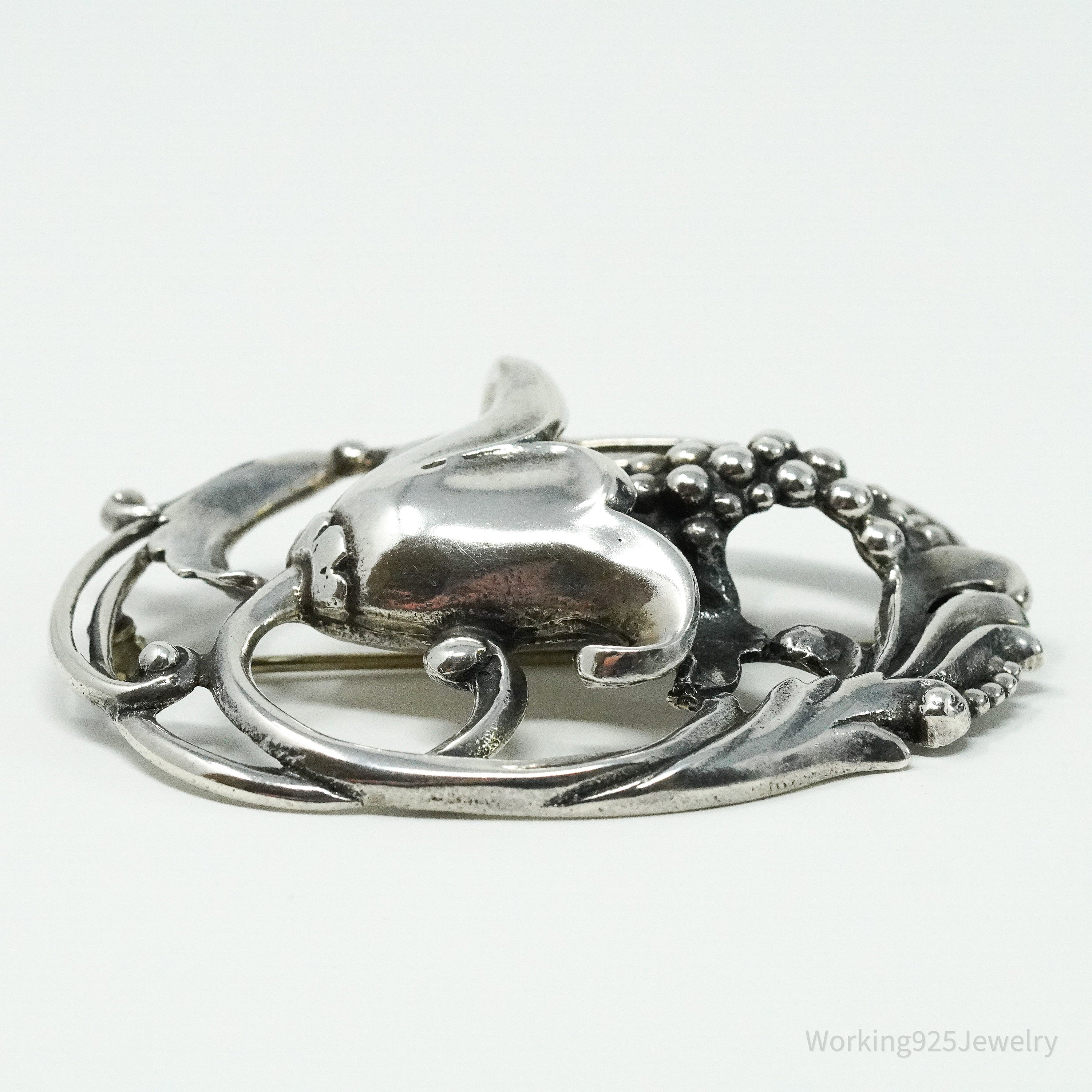 Antique Floral Sterling Silver Brooch Pin 2.5"